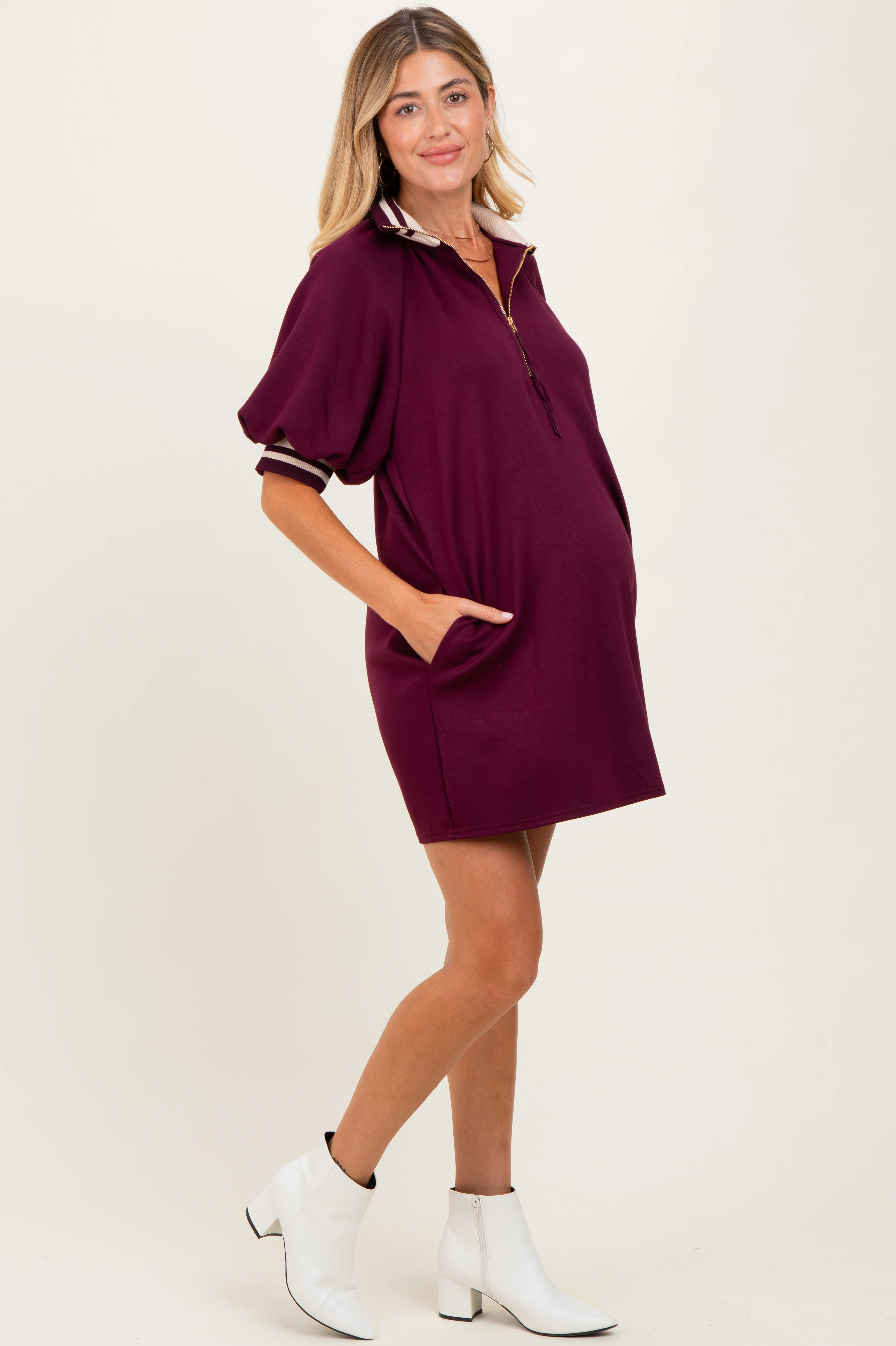 Plum Half Zip Puff Sleeve Maternity Mini Dress - Image 3