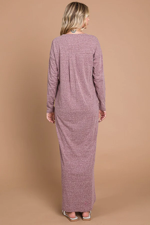 Plum Heathered Pocketed Long Sleeve Maxi Dress - Image 3