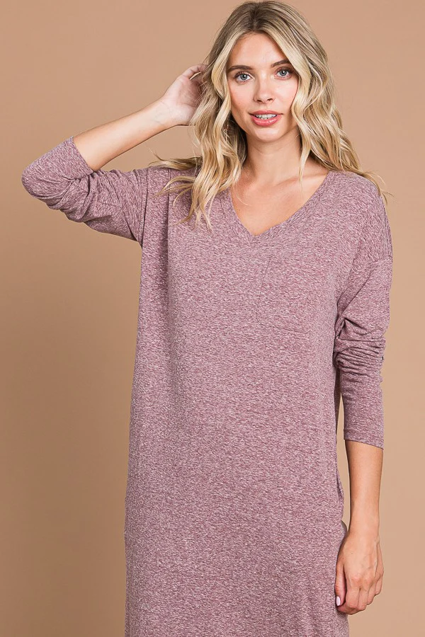 Plum Heathered Pocketed Long Sleeve Maxi Dress - Image 4
