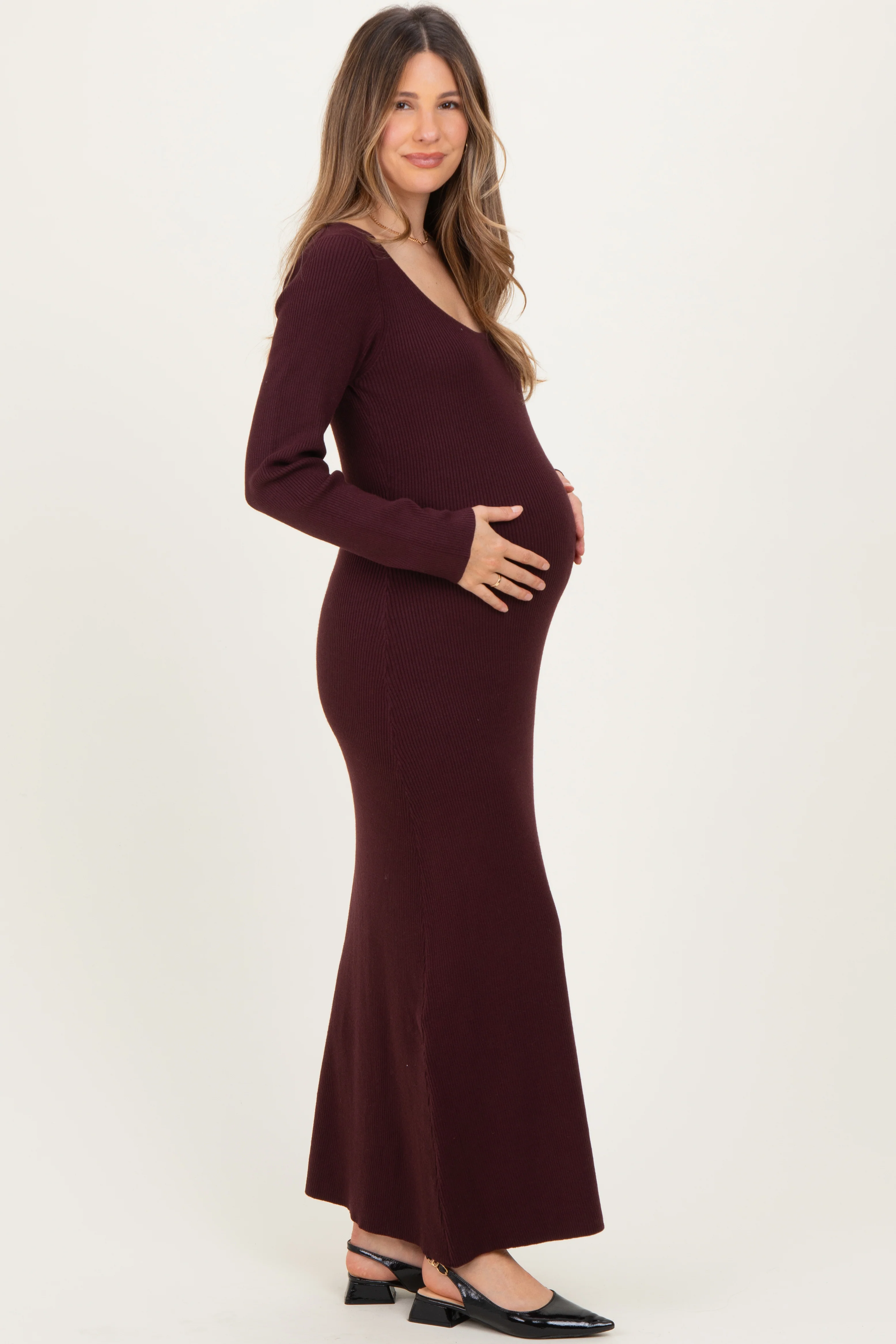 Plum Rib Knit Back Cutout Maternity Midi Dress - Image 3