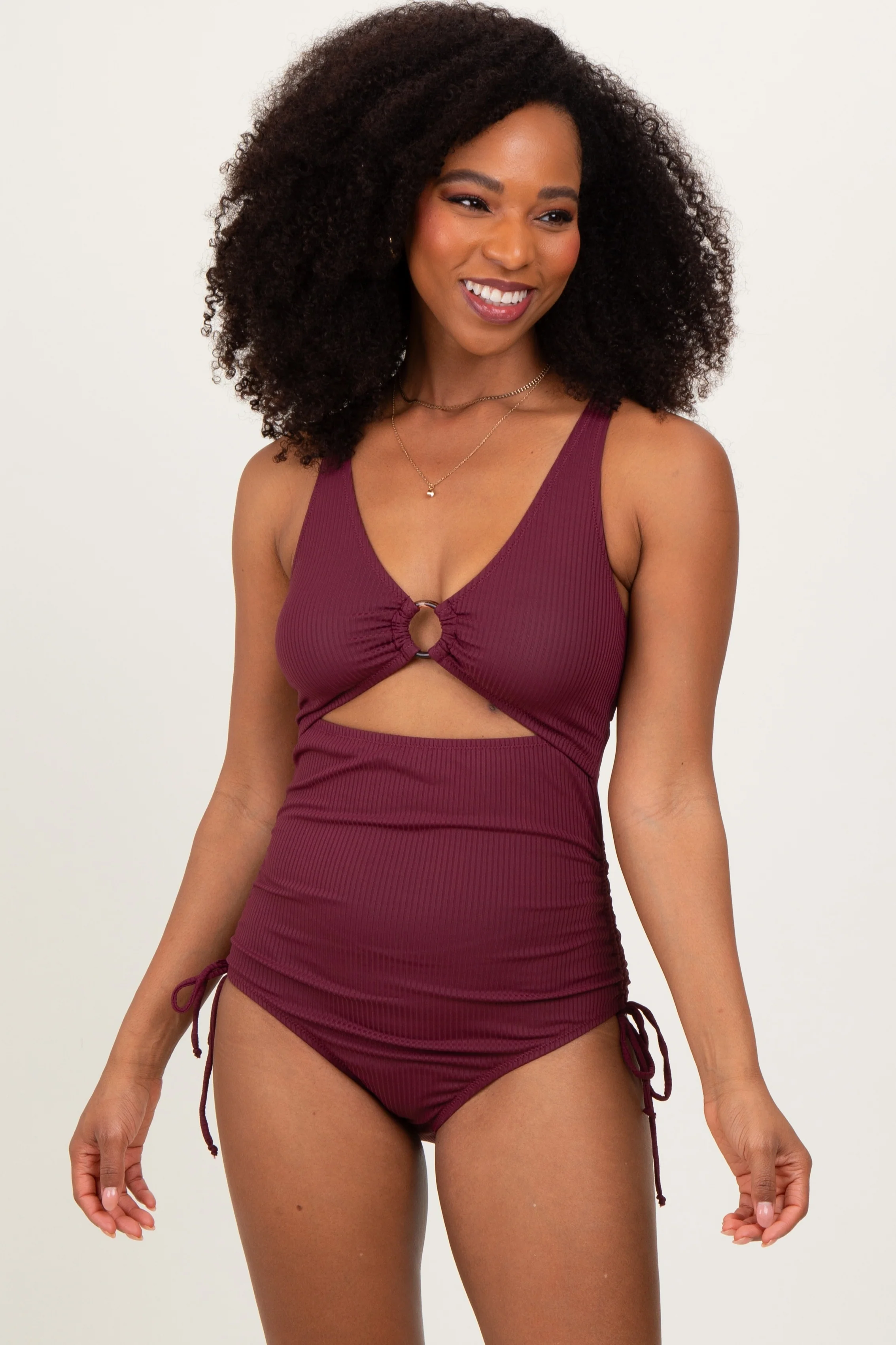 Plum Ribbed O-Ring Cutout Tie Side Maternity Swimsuit - Image 5
