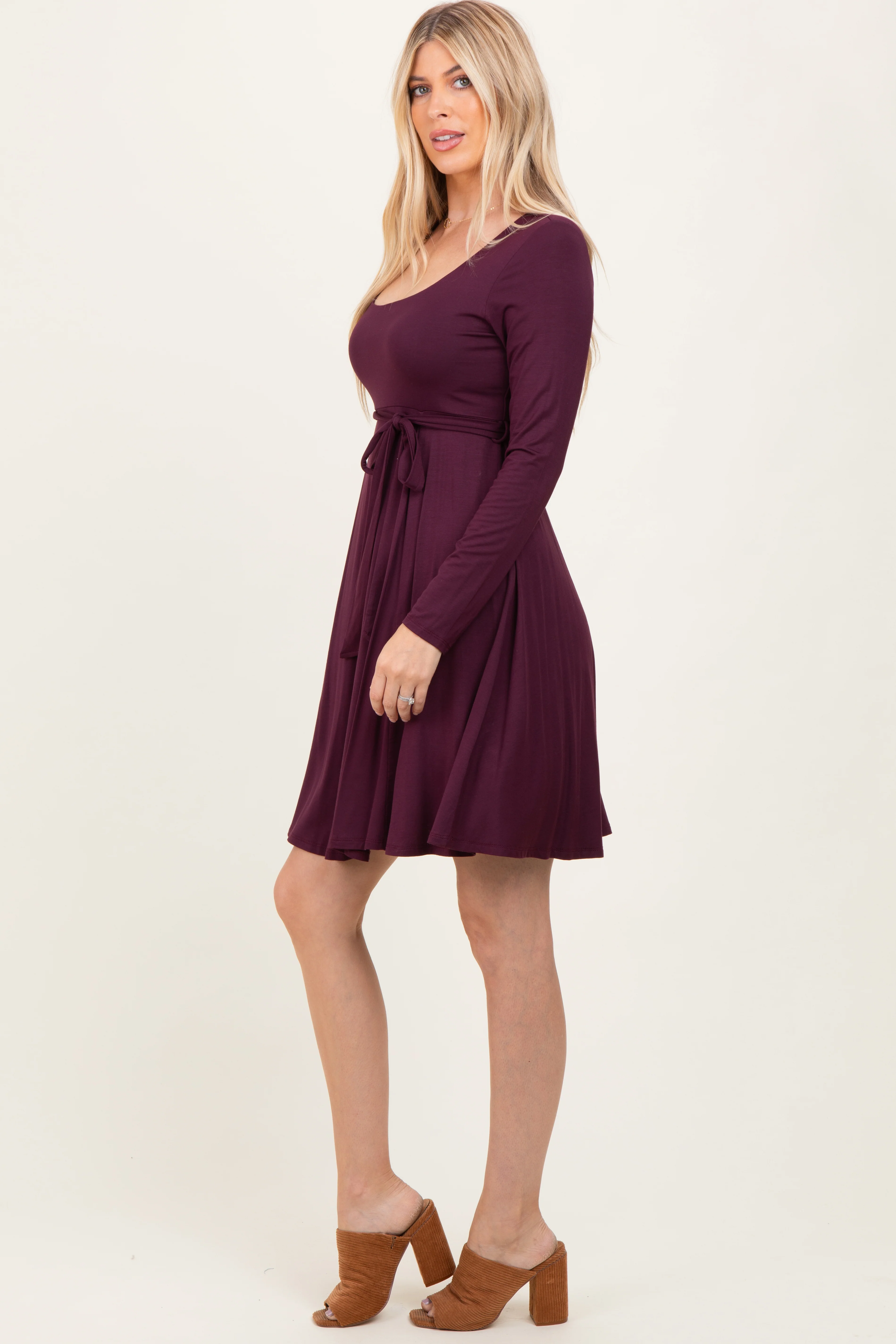 Plum Scoop Neck Long Sleeve Waist Tie Dress - Image 3