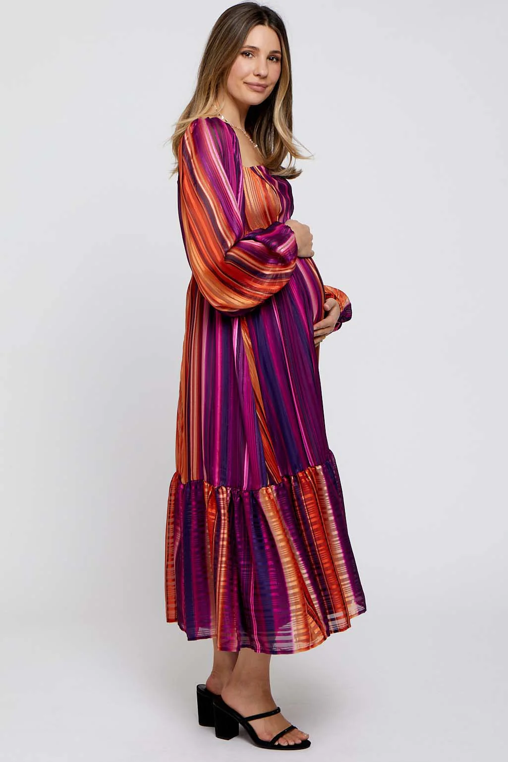 Plum Striped Maternity Midi Dress - Image 3