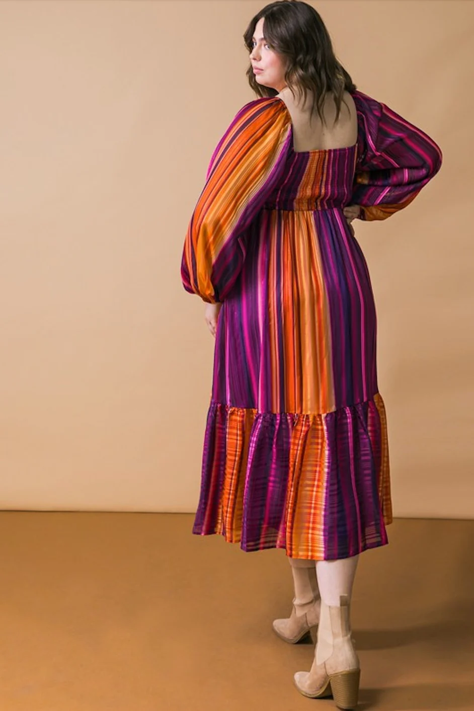 Plum Striped Metallic Yarn Plus Midi Dress - Image 3