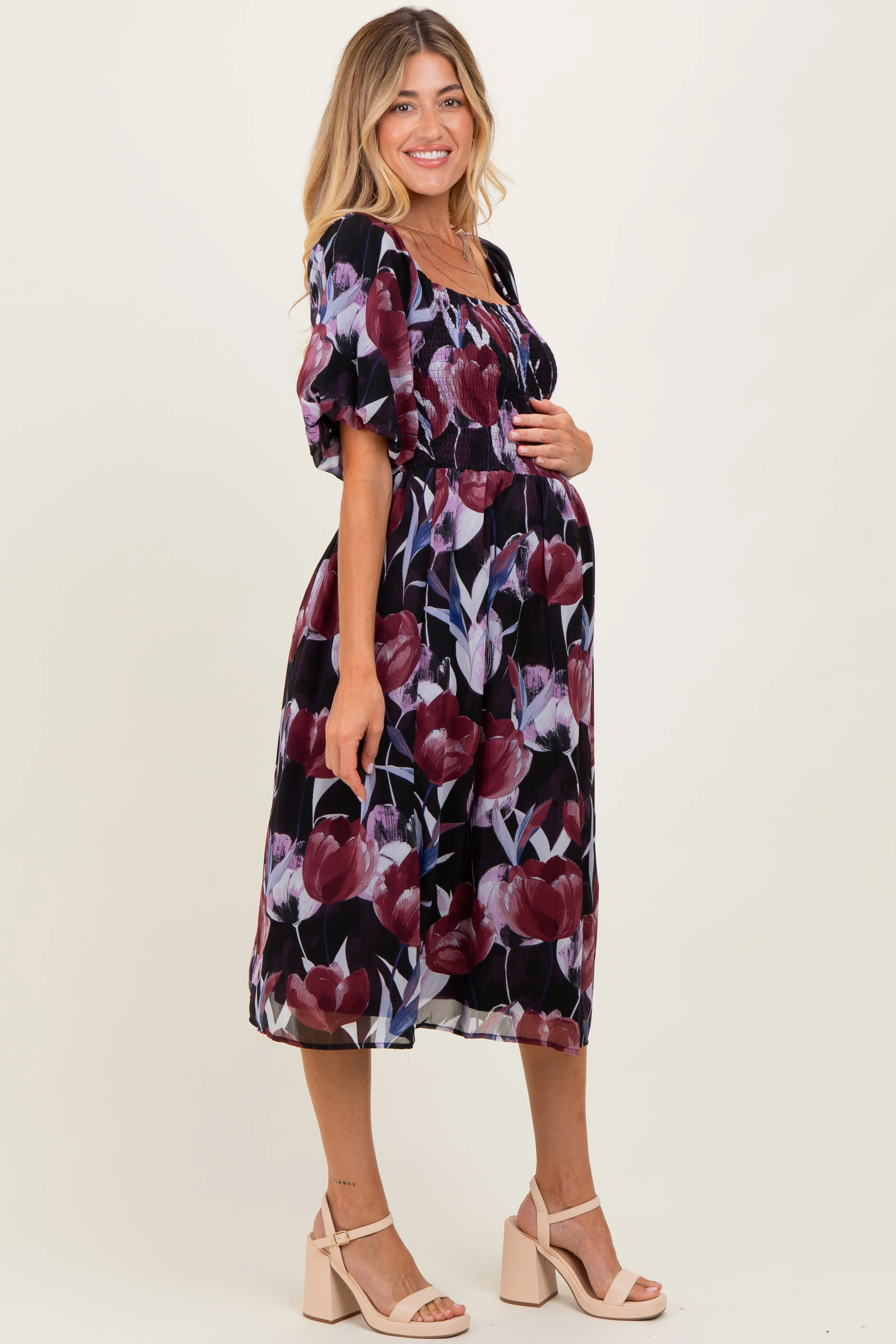 Plum Tulip Floral Smocked Puff Sleeve Maternity Midi Dress - Image 3