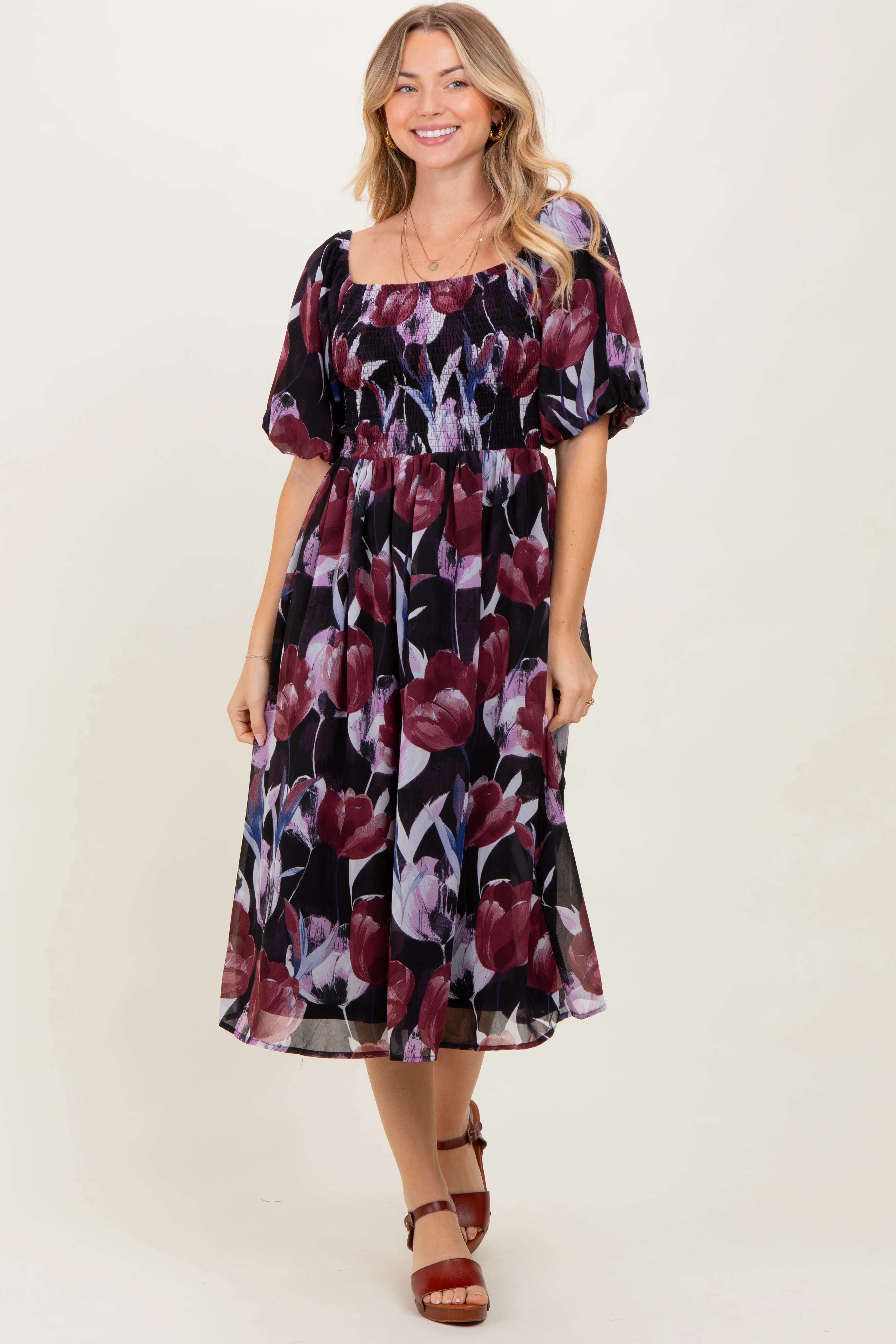 Plum Tulip Floral Smocked Puff Sleeve Maternity Midi Dress - Image 5