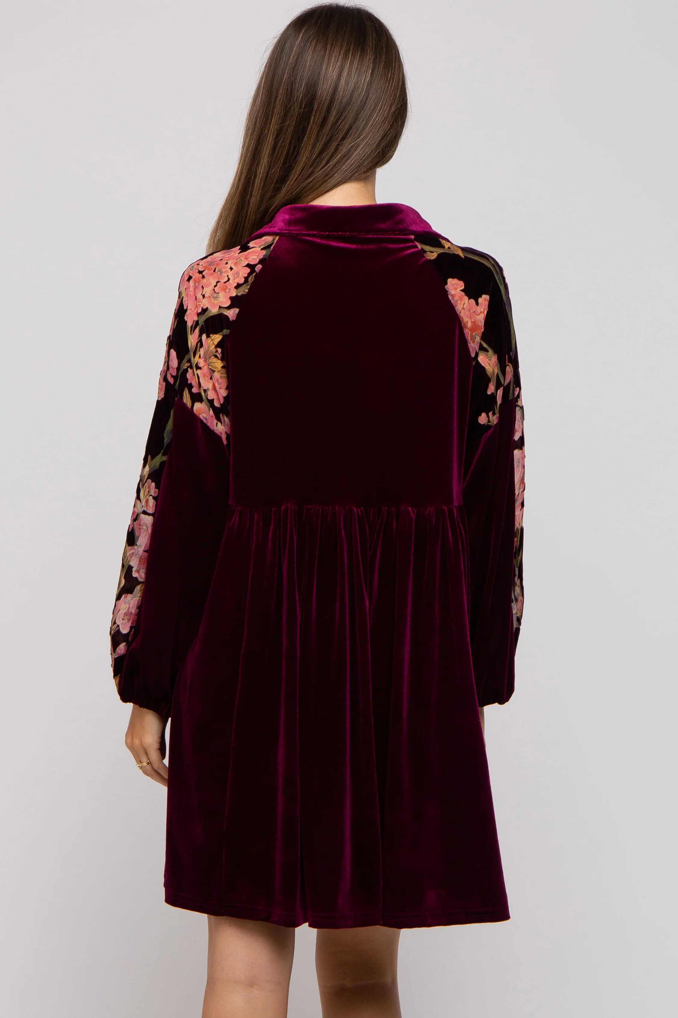 Plum Velvet Floral Long Sleeve Maternity Dress - Image 4