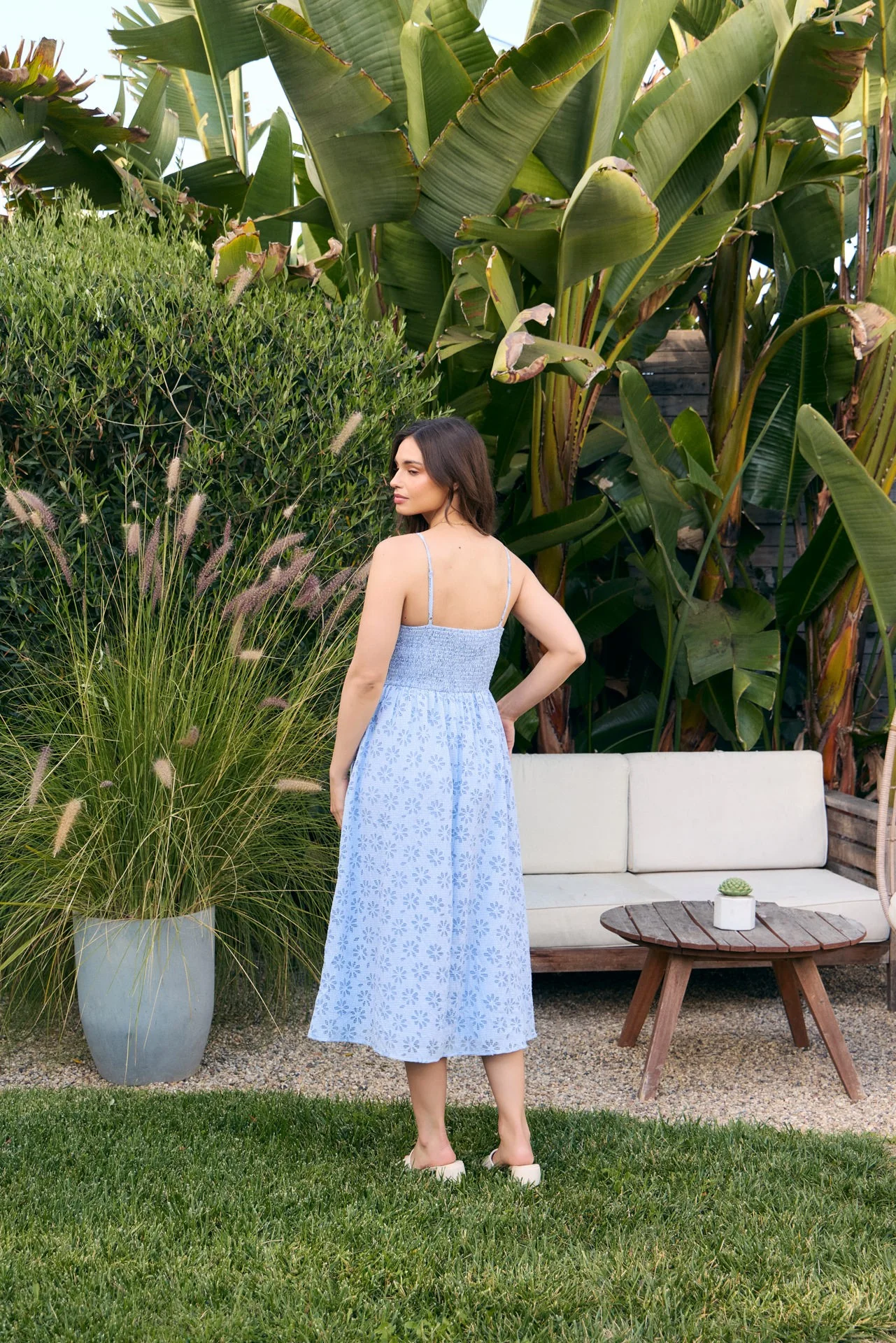 Powder Blue Floral Gingham Midi Dress - Image 5