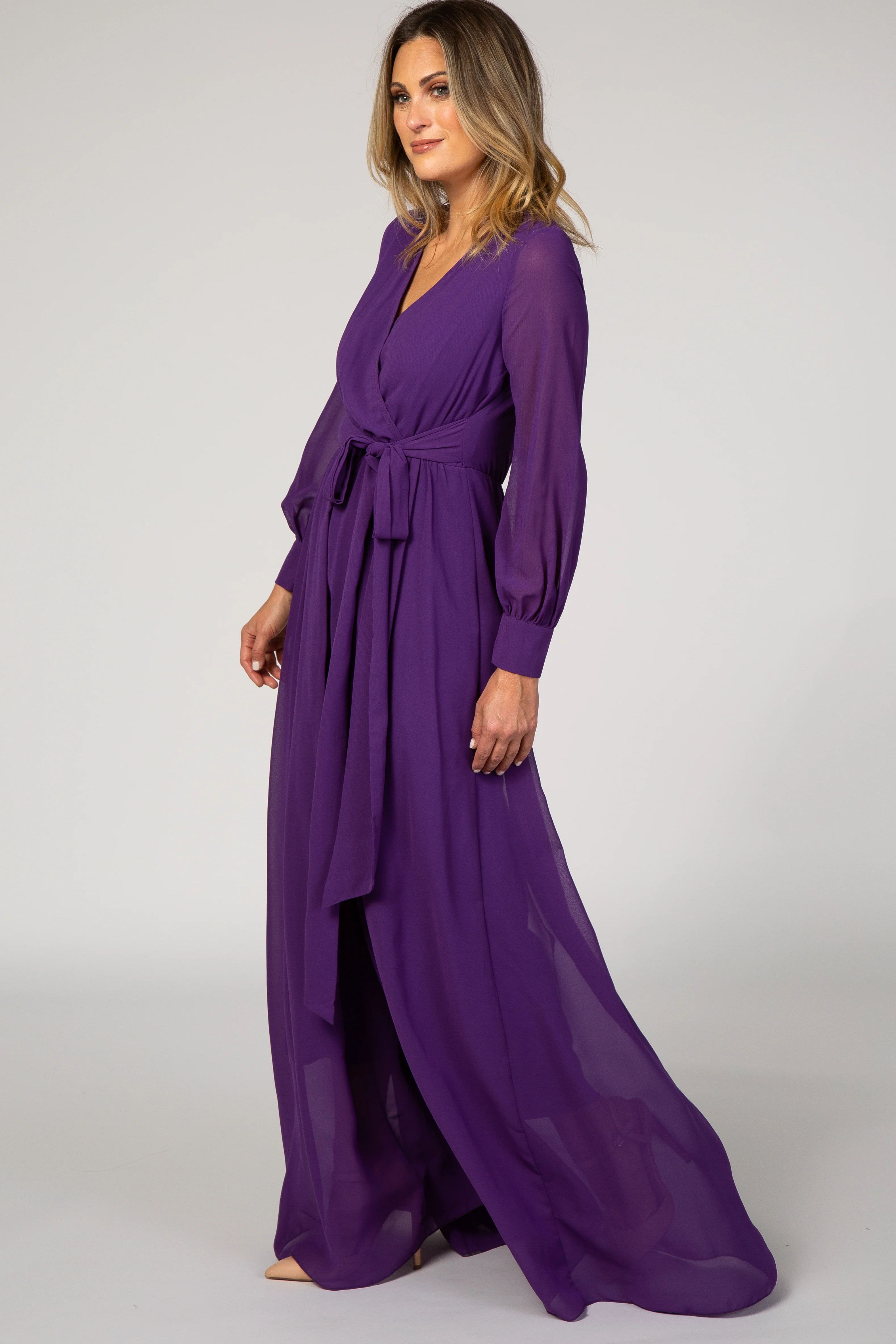 Purple Chiffon Long Sleeve Pleated Maxi Dress - Image 2