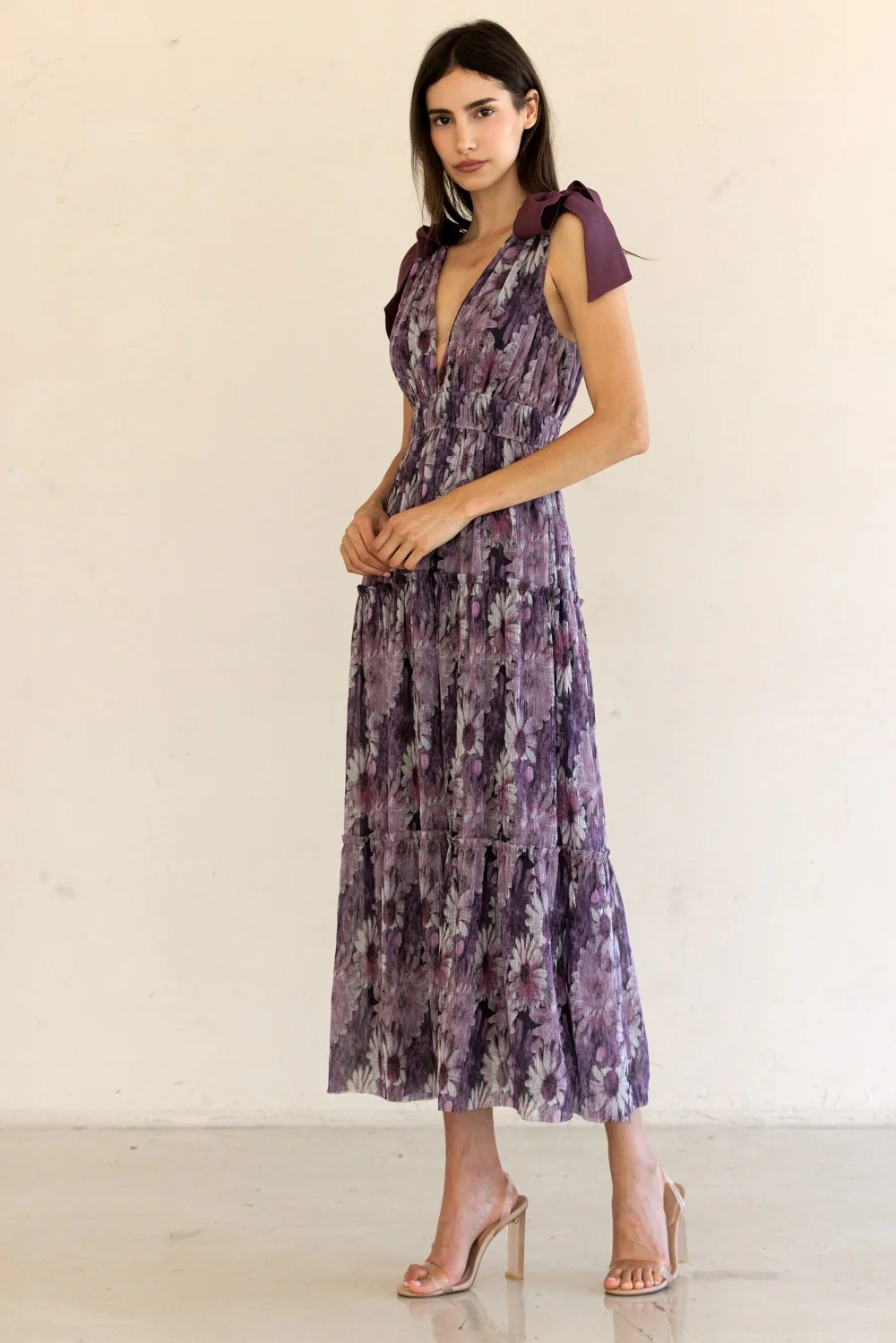 Purple Floral Mesh Deep V-Neck Shoulder Tie Maxi Dress - Image 3
