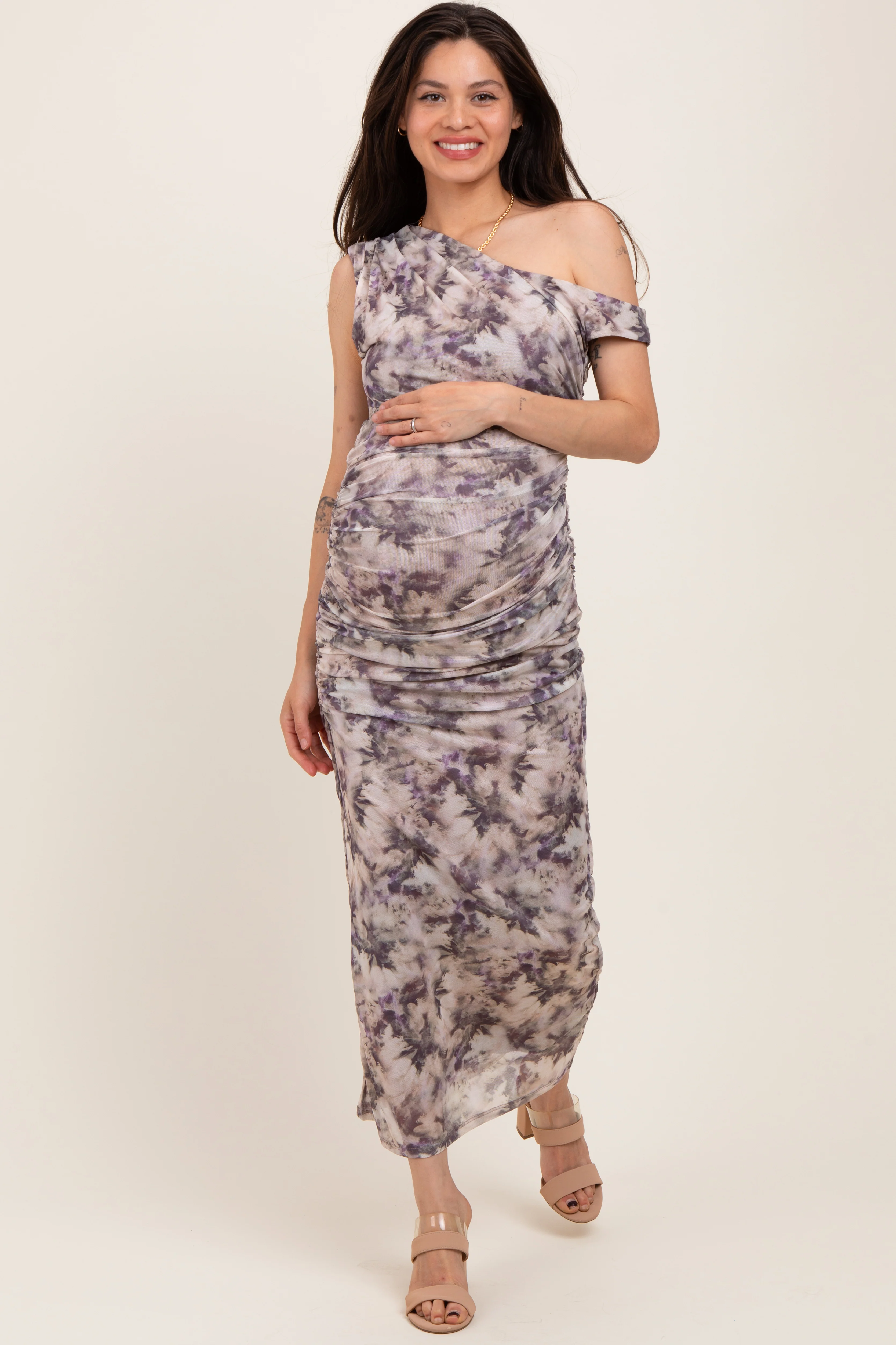 Purple Floral Ruched One Shoulder Maternity Midi Dress - Image 2