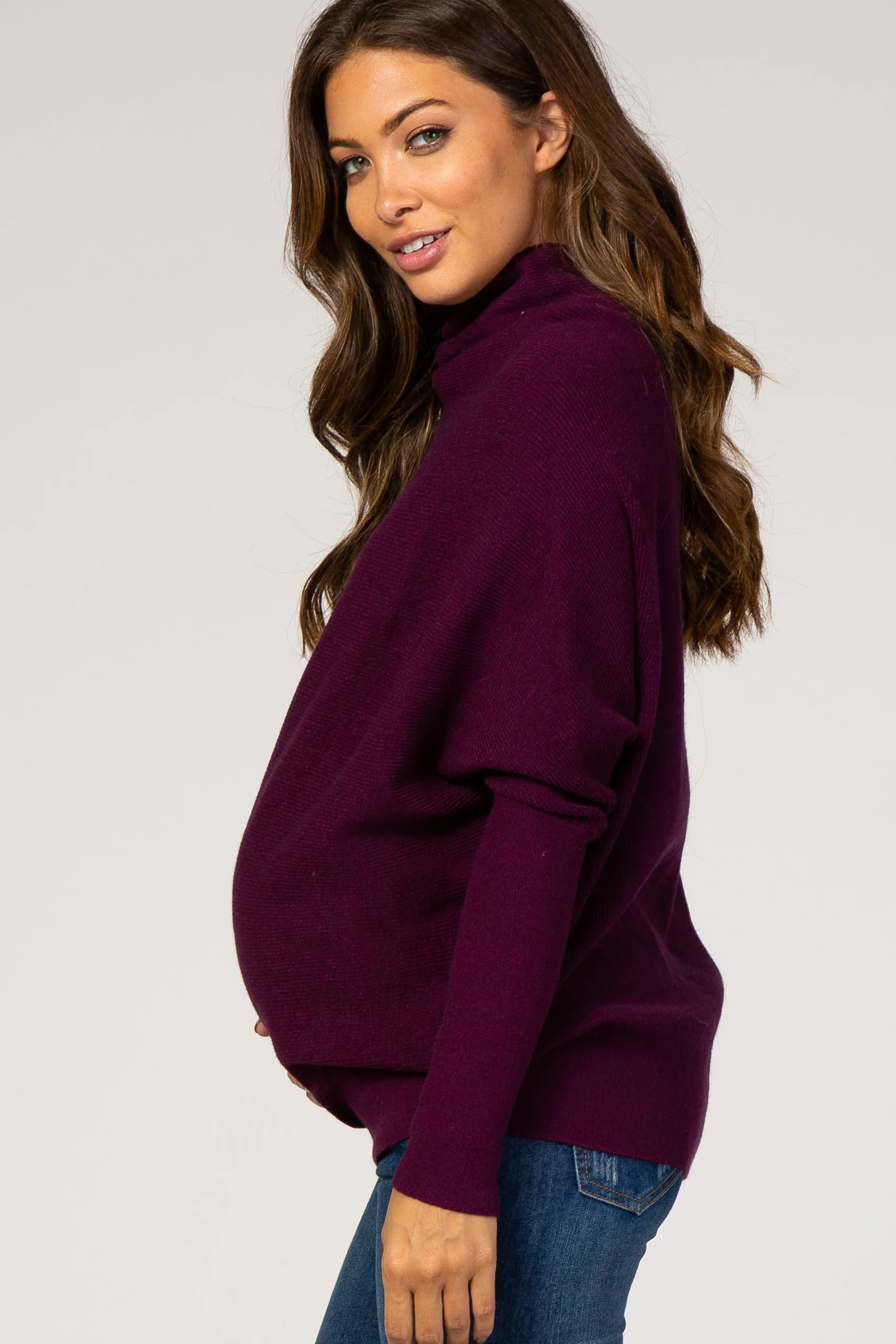Purple Funnel Neck Dolman Sleeve Maternity Sweater - Image 2
