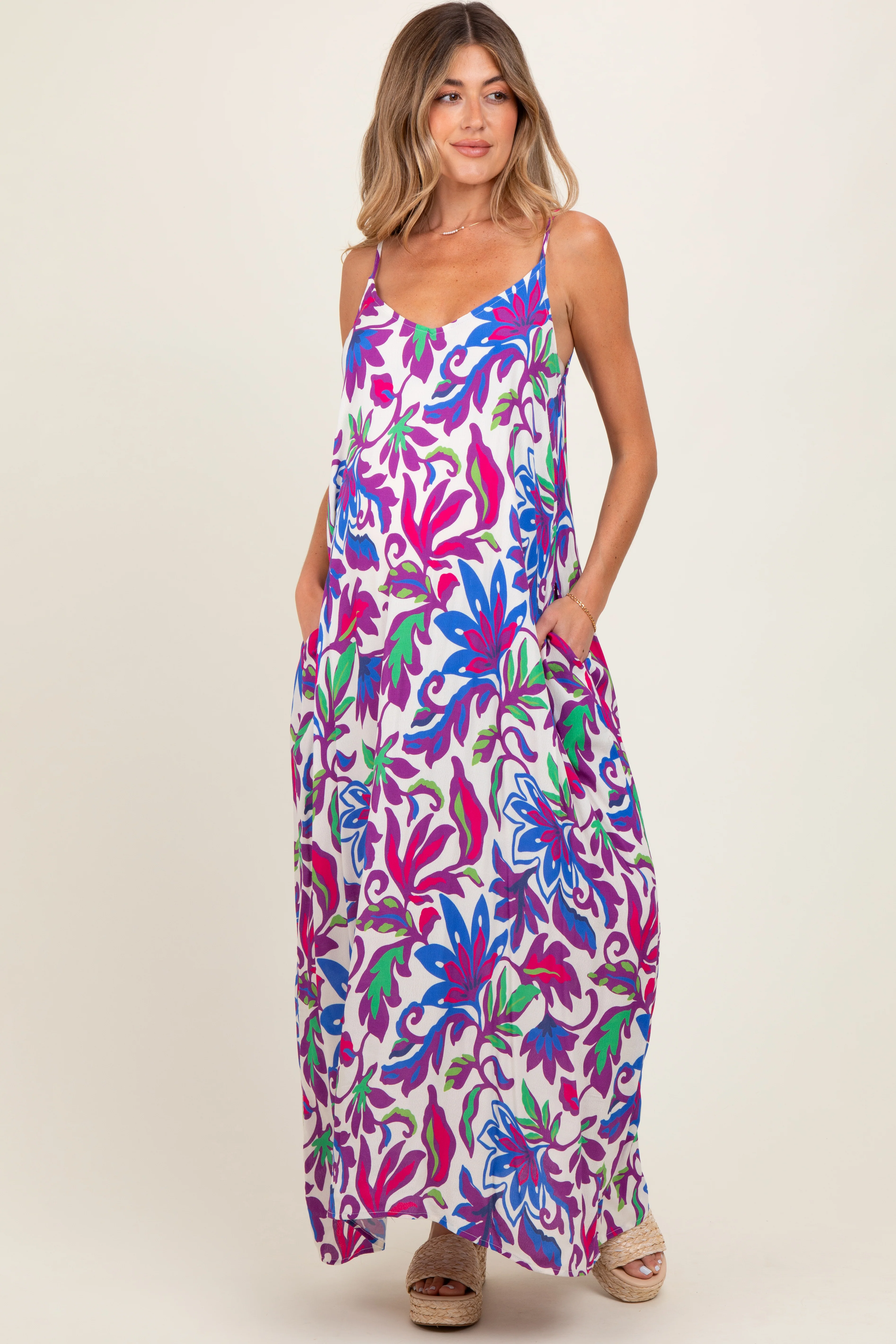 Purple Leaf Print Sleeveless Maternity Maxi Dress - Image 2