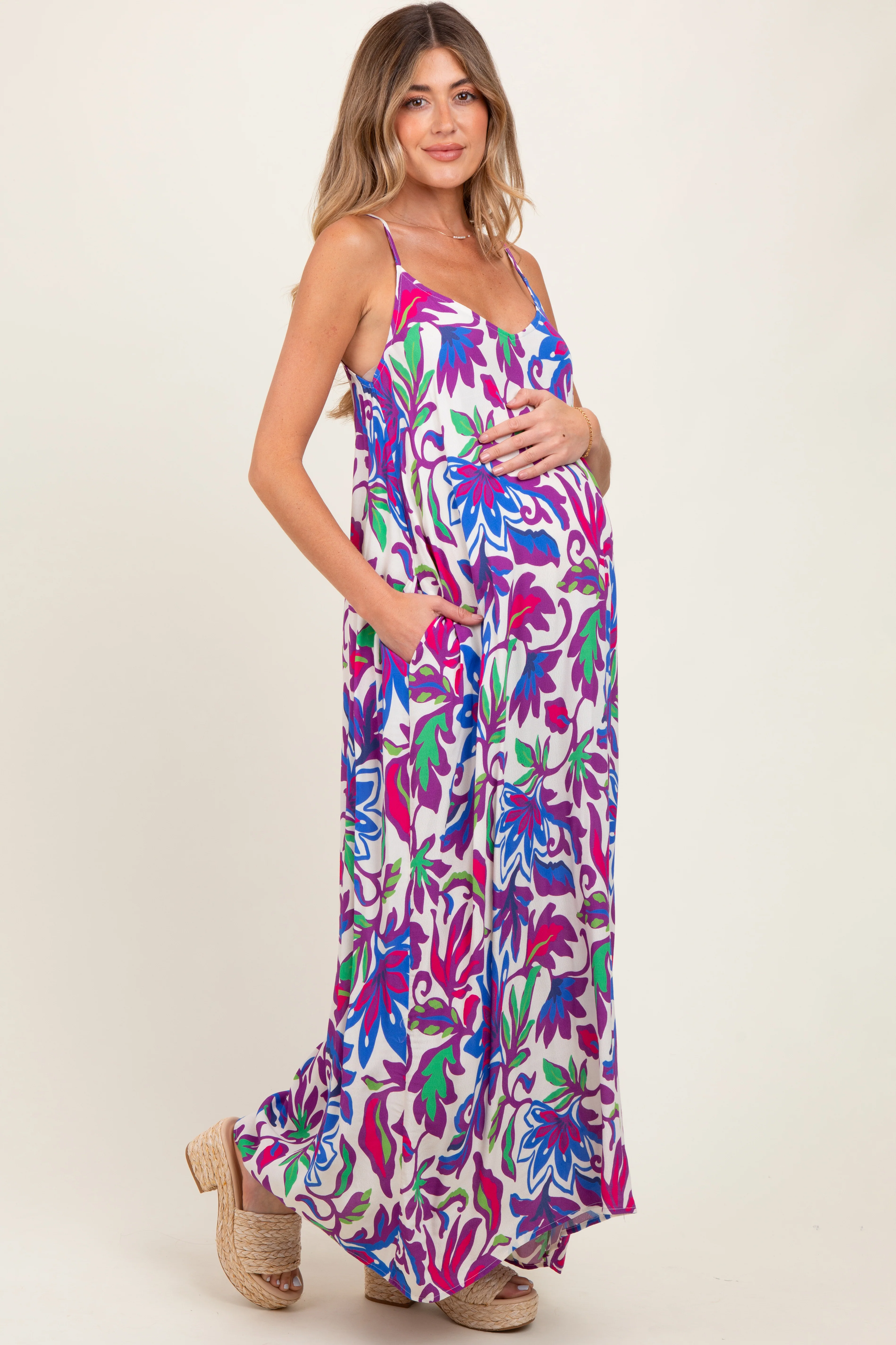 Purple Leaf Print Sleeveless Maternity Maxi Dress - Image 3