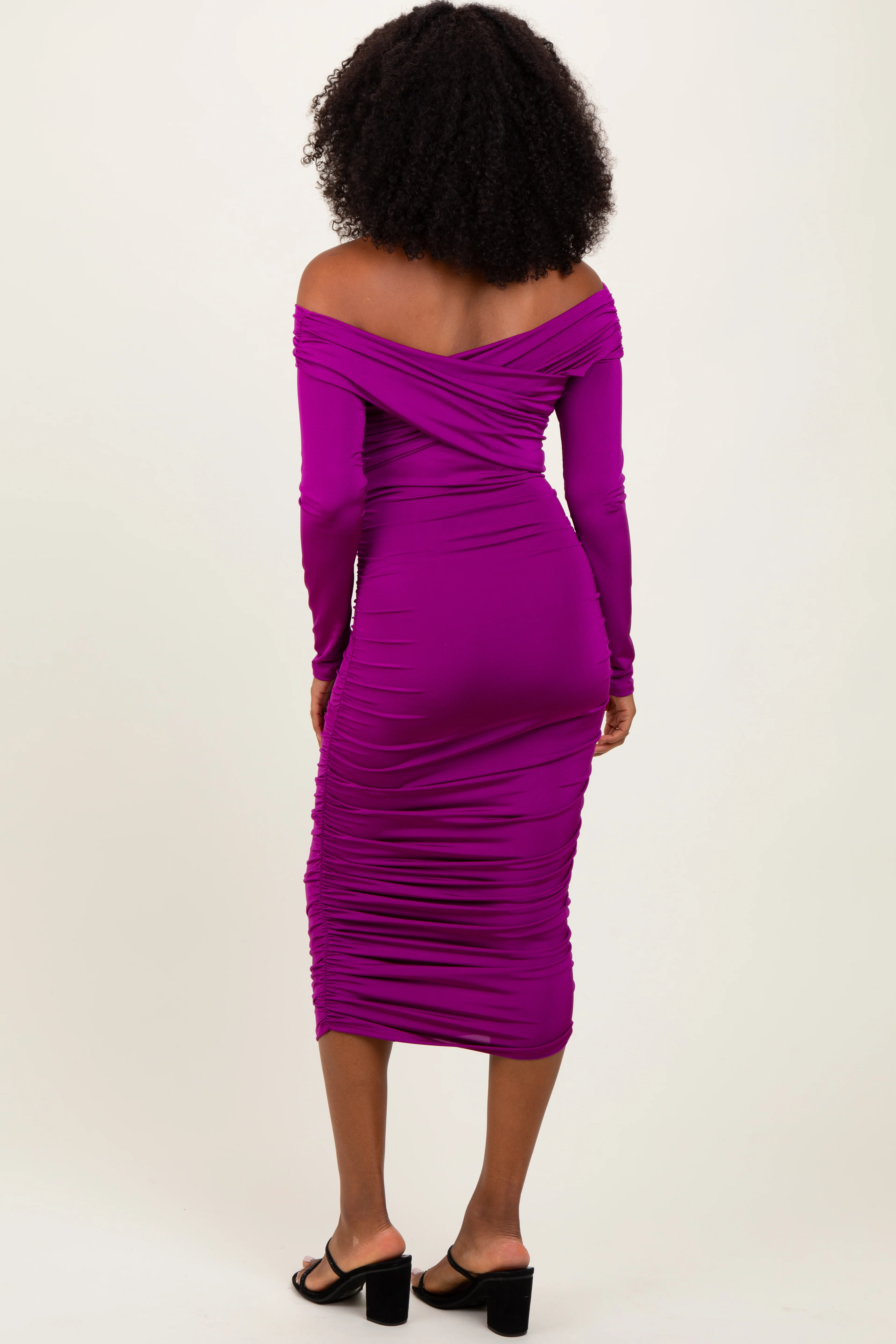 Purple Off Shoulder Ruched Long Sleeve Midi Dress - Image 3