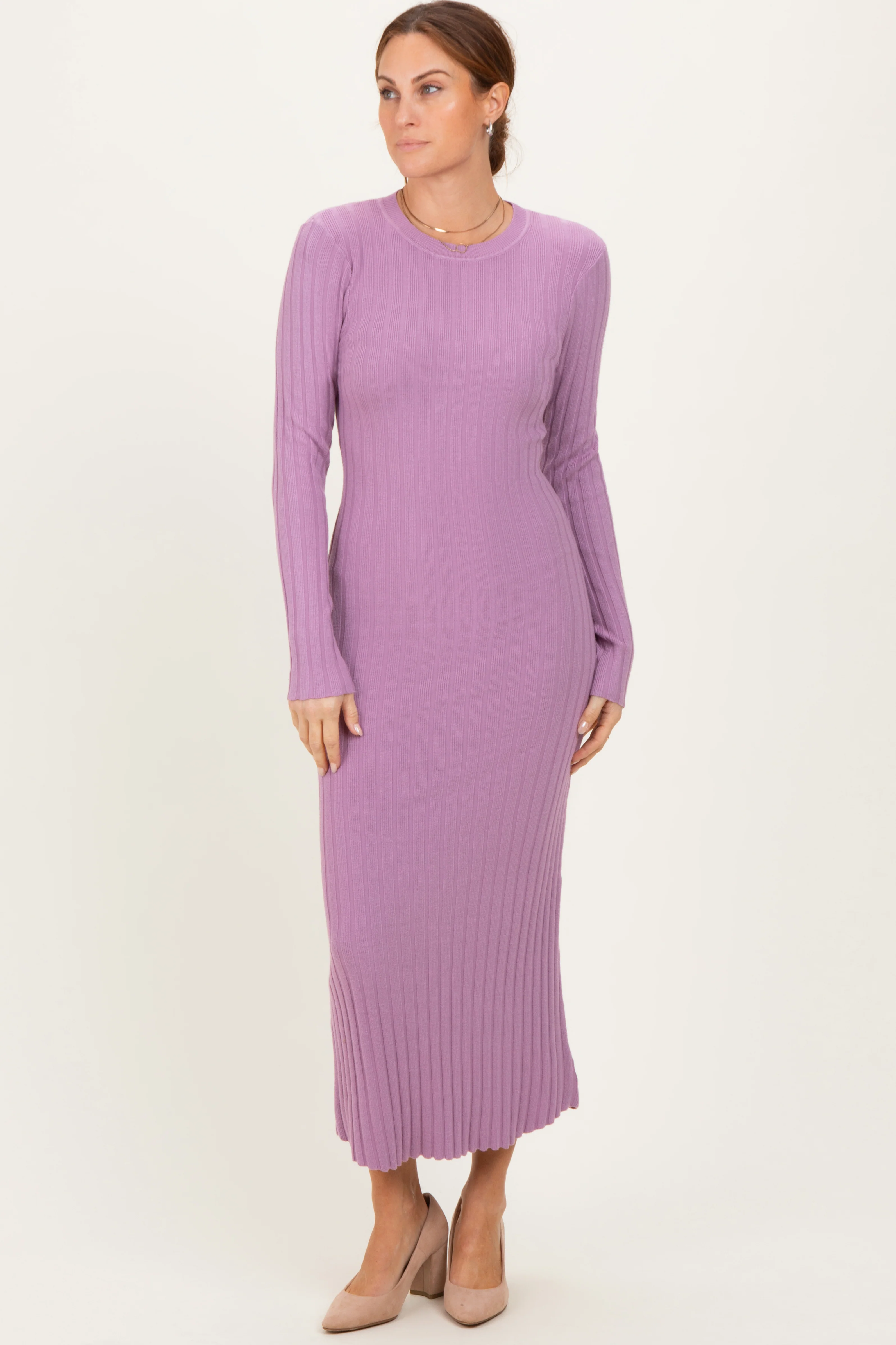Purple Ribbed Knit Fitted Midi Sweater Dress - Image 2