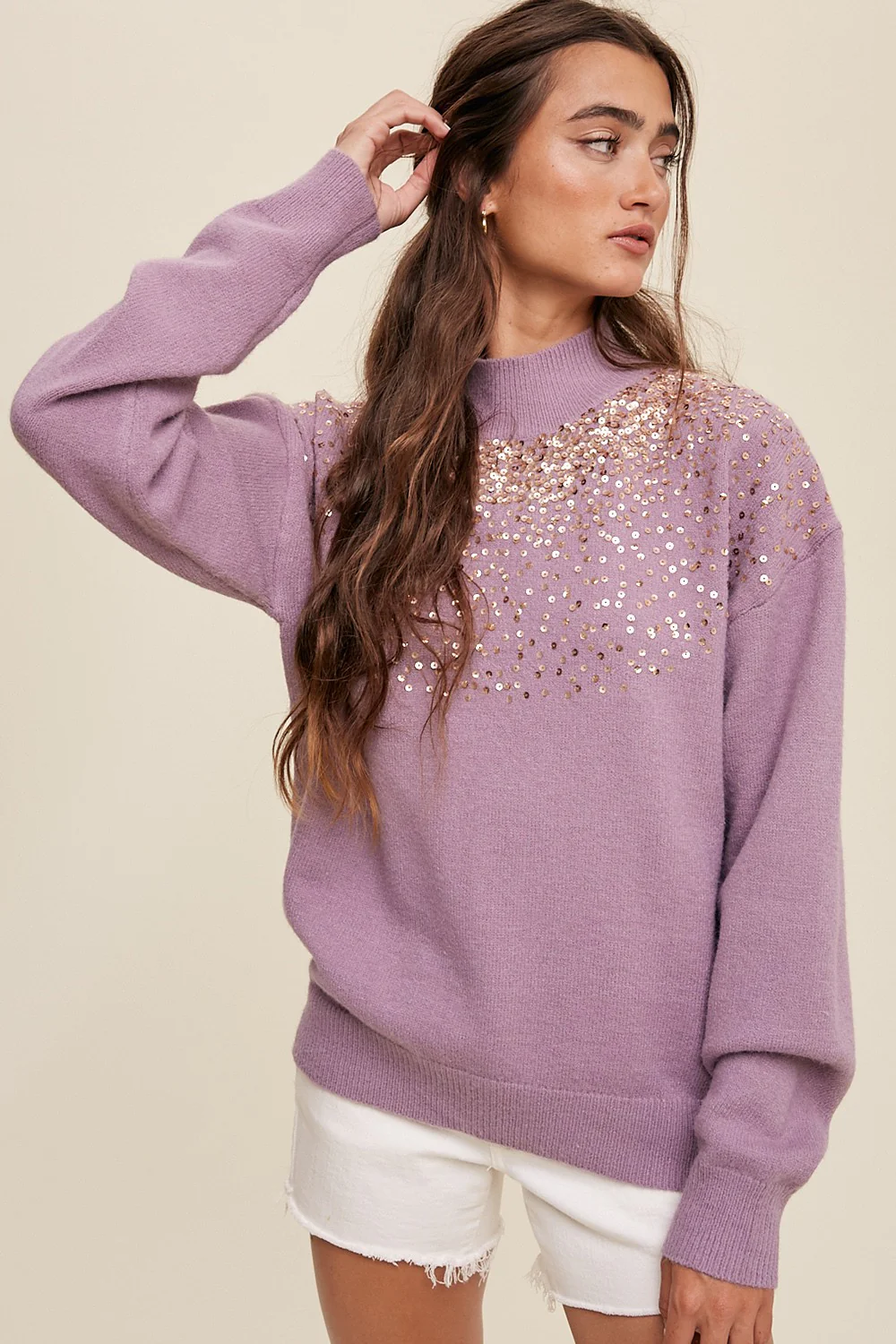 Purple Sequin Knit Mock Neck Maternity Sweater - Image 5