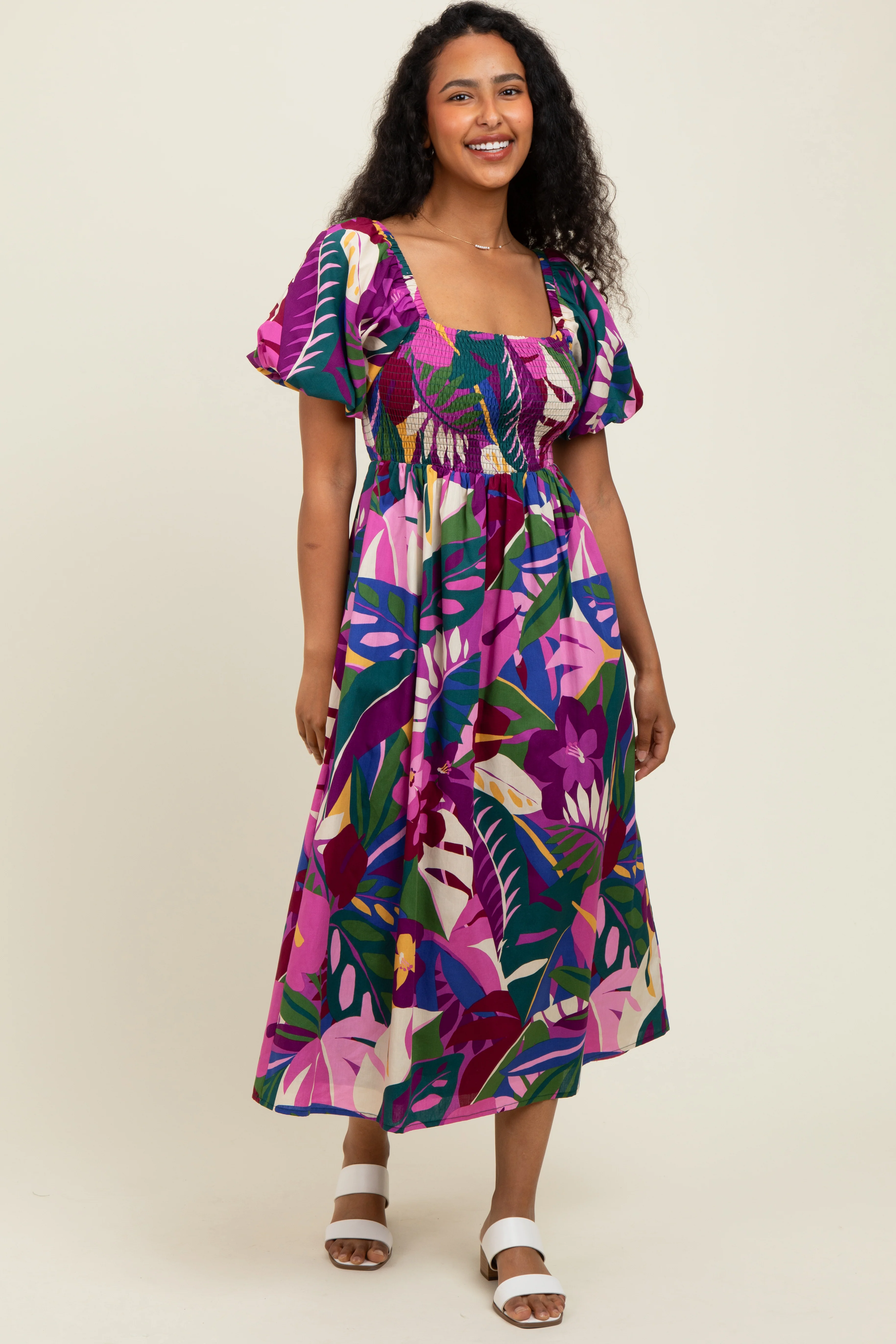 Purple Tropical Smocked Puff Sleeve Maternity Midi Dress - Image 5