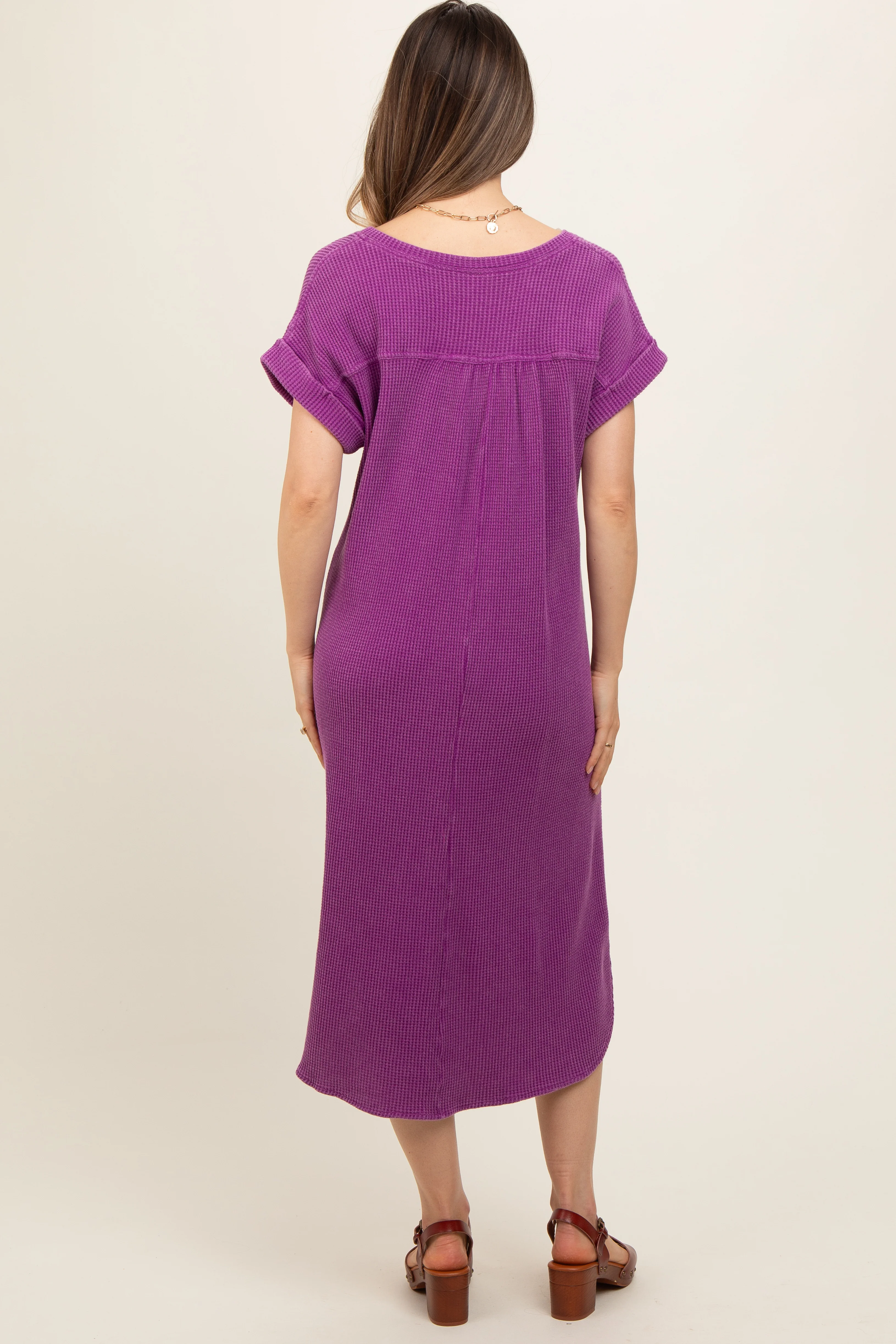 Purple Waffle Knit Short Sleeve Maternity Dress - Image 3
