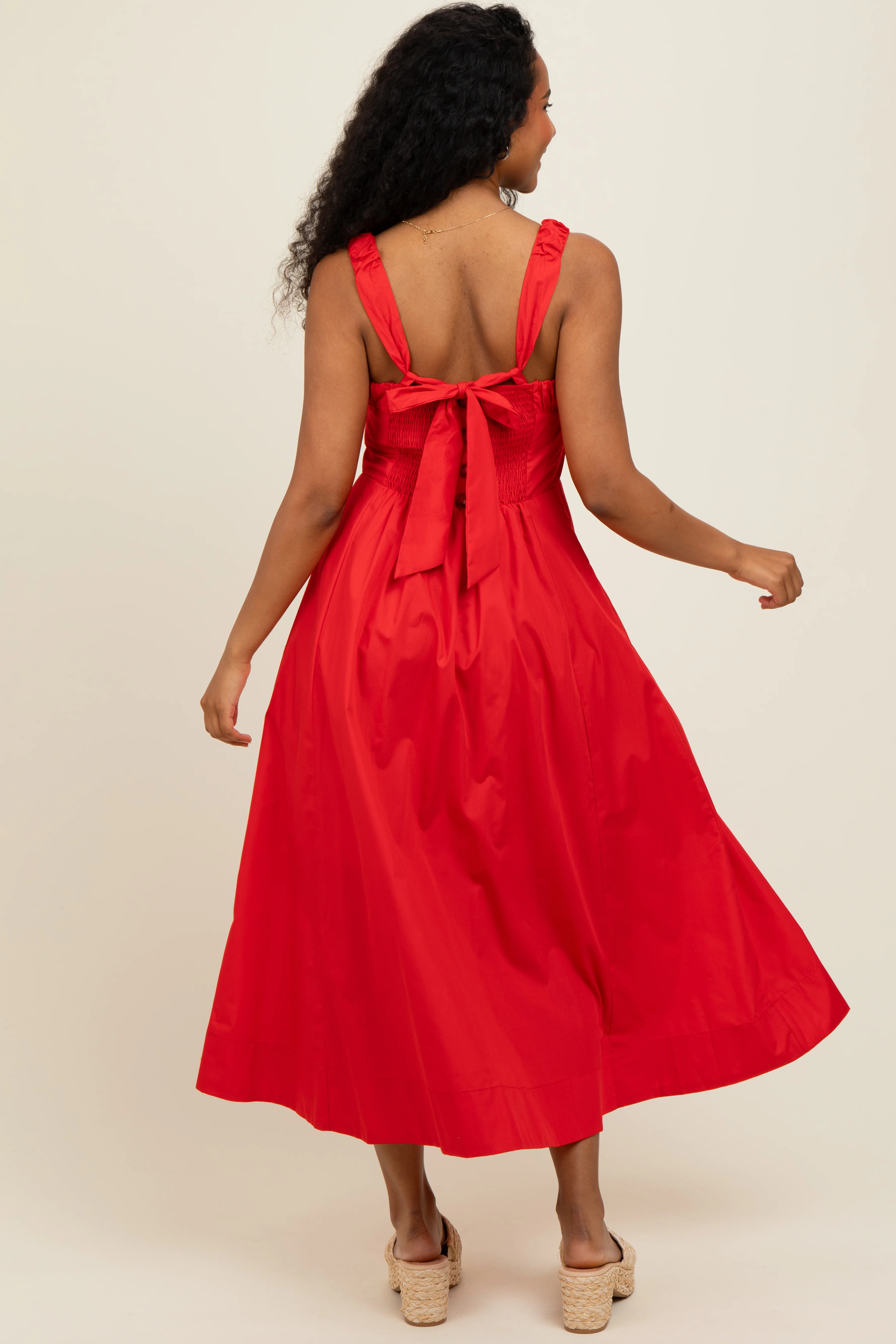 Red Back Bow Tie Detail Sleeveless Midi Dress - Image 3