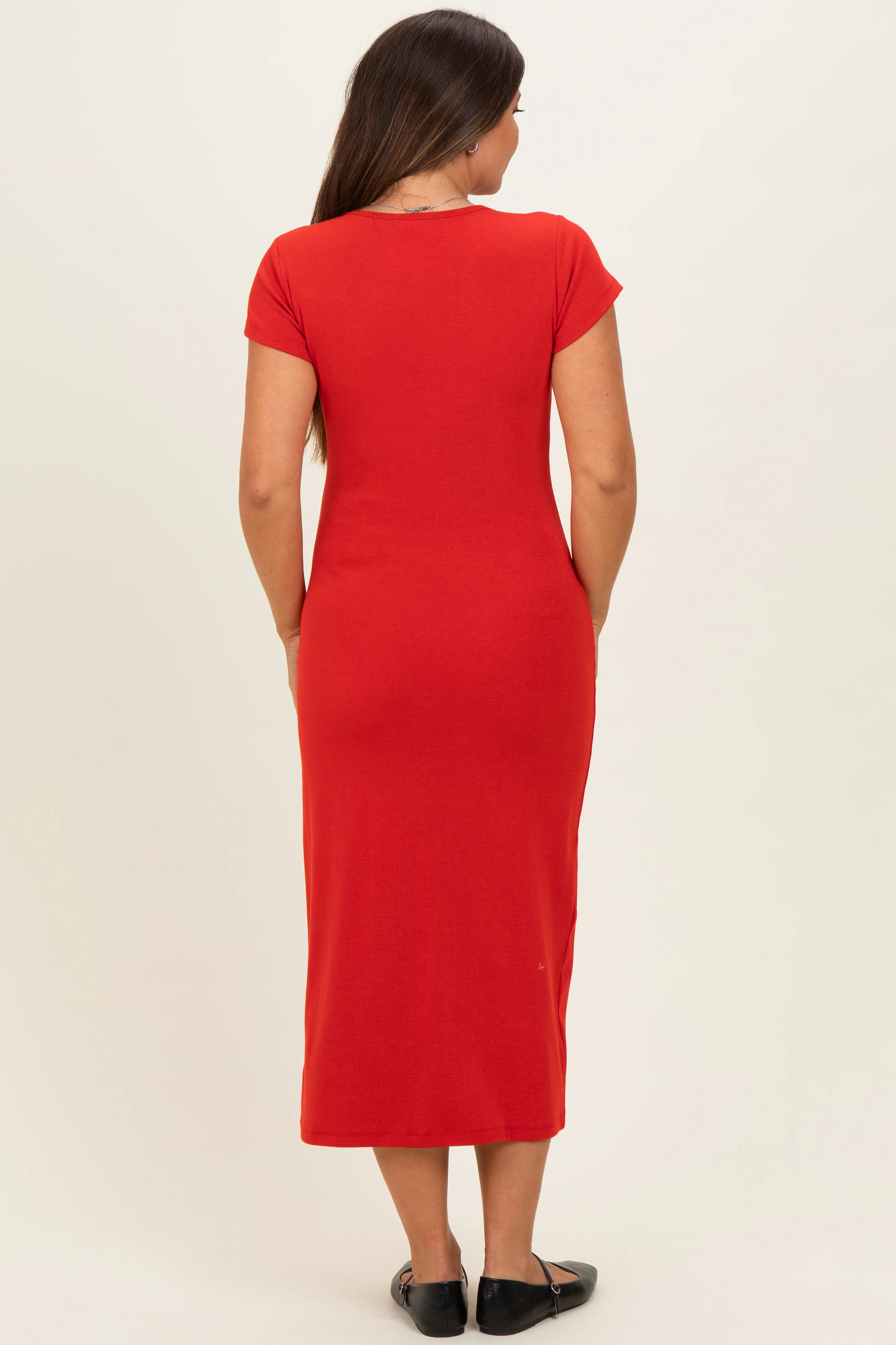 Red Basic Crewneck Maternity Midi Dress - Image 3