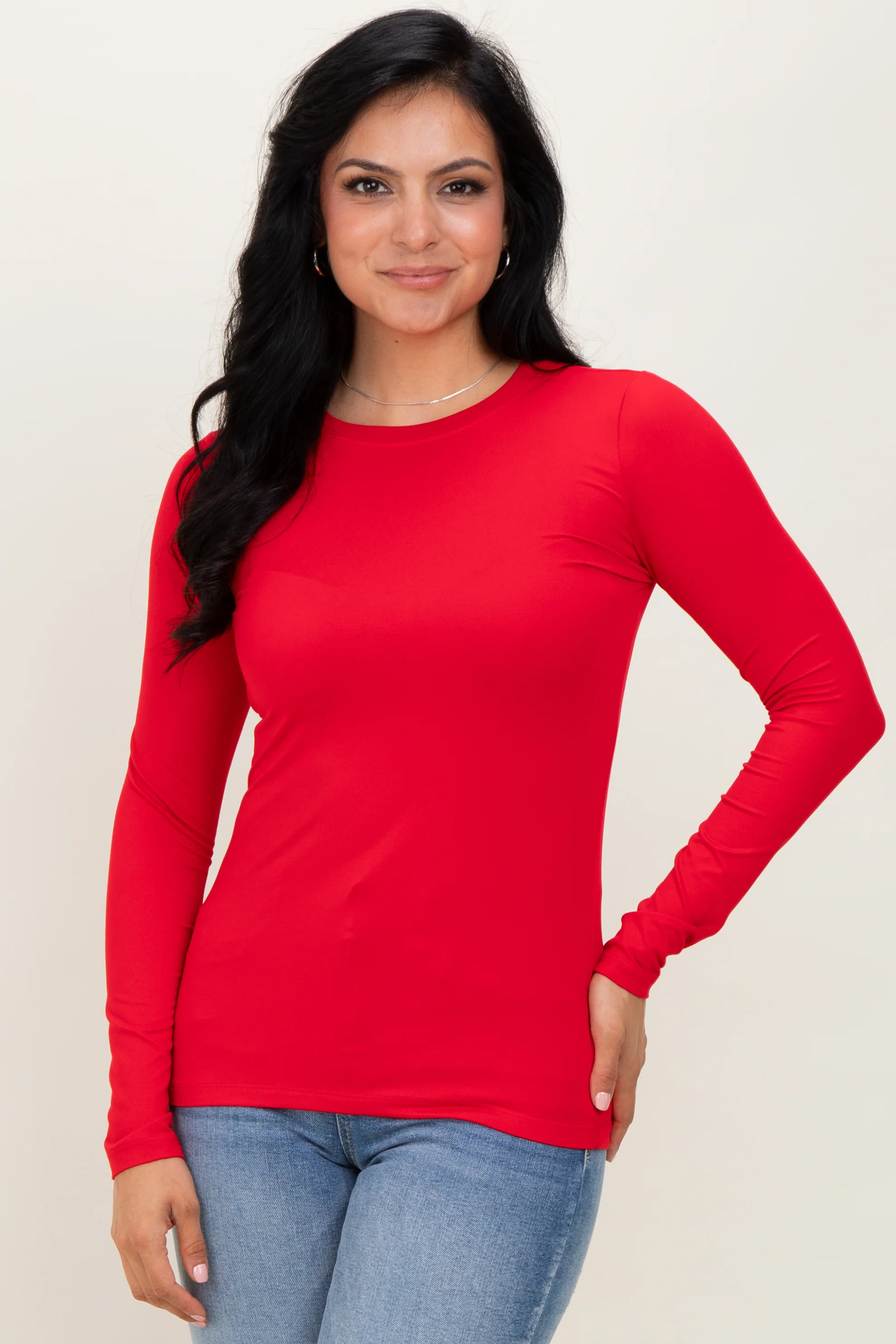 Red Basic Long Sleeve Maternity Top - Image 5