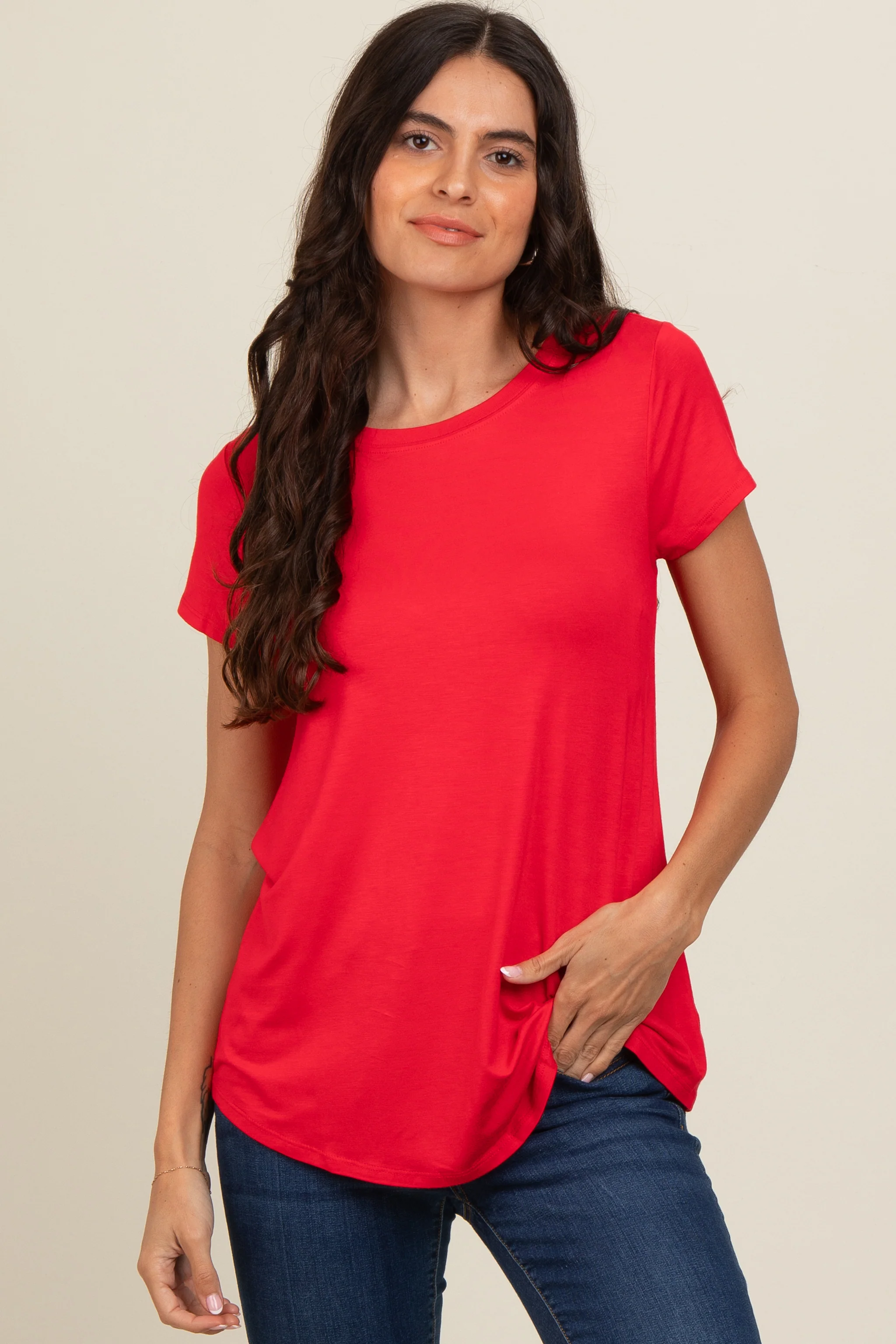 Red Basic Short Sleeve Maternity Top - Image 4
