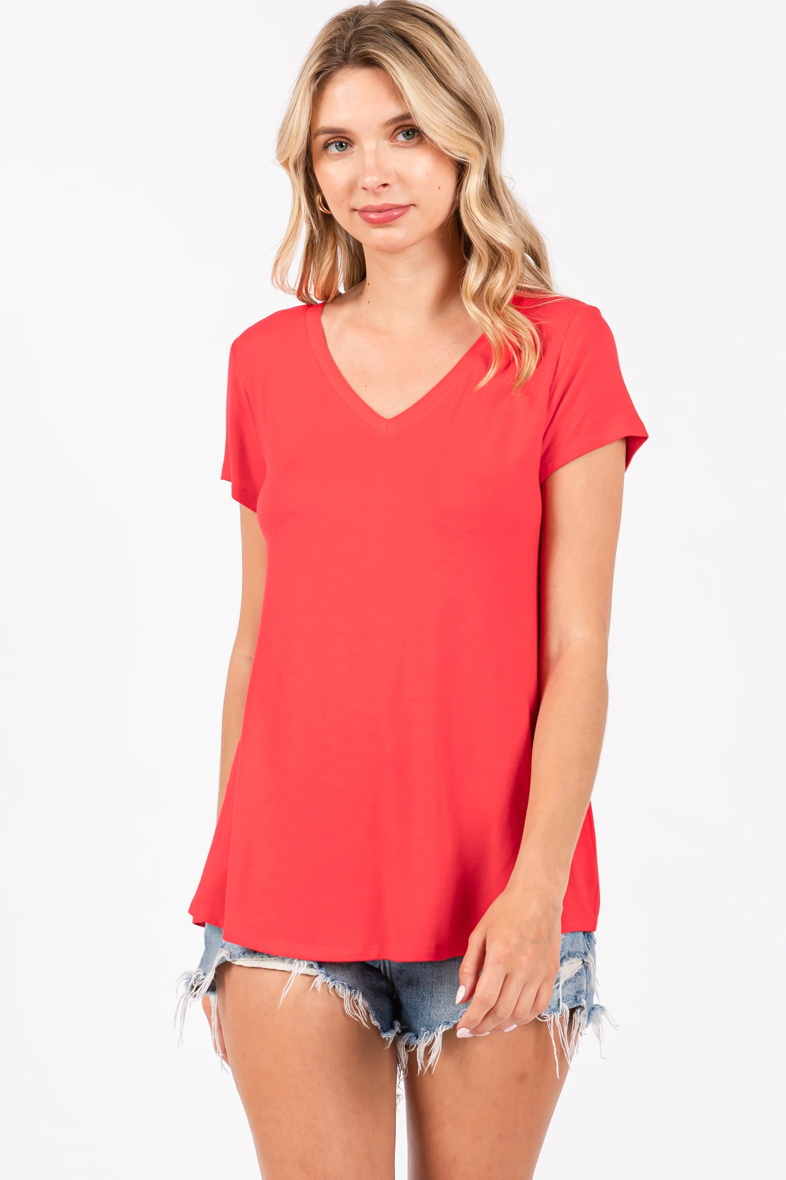 Red Basic V-Neck Short Sleeve Maternity Top - Image 4