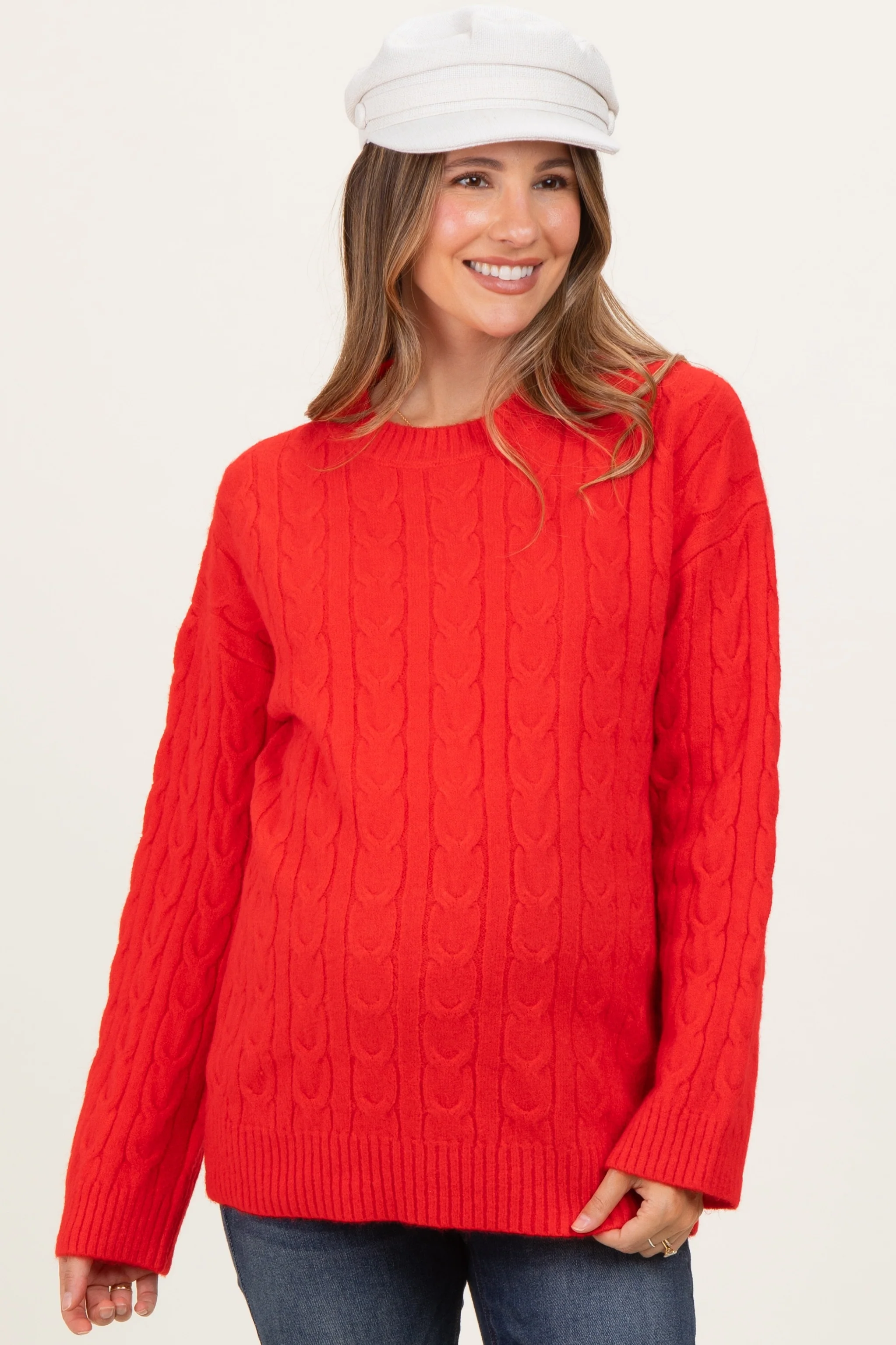 Red Braid Knit Pattern Soft Fluffy Maternity Sweater Top - Image 3