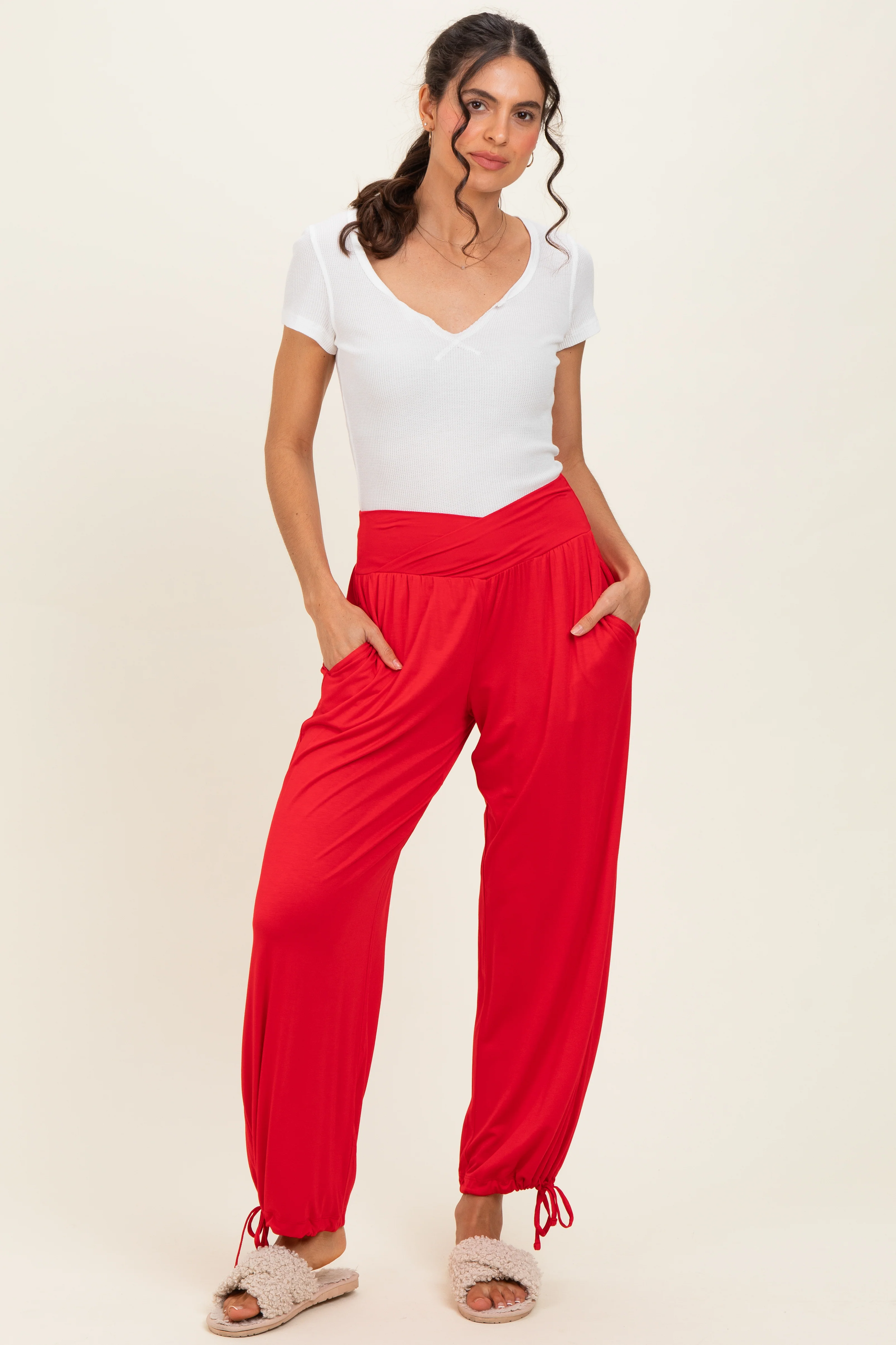 Red Crossover Waist Maternity Pants - Image 5