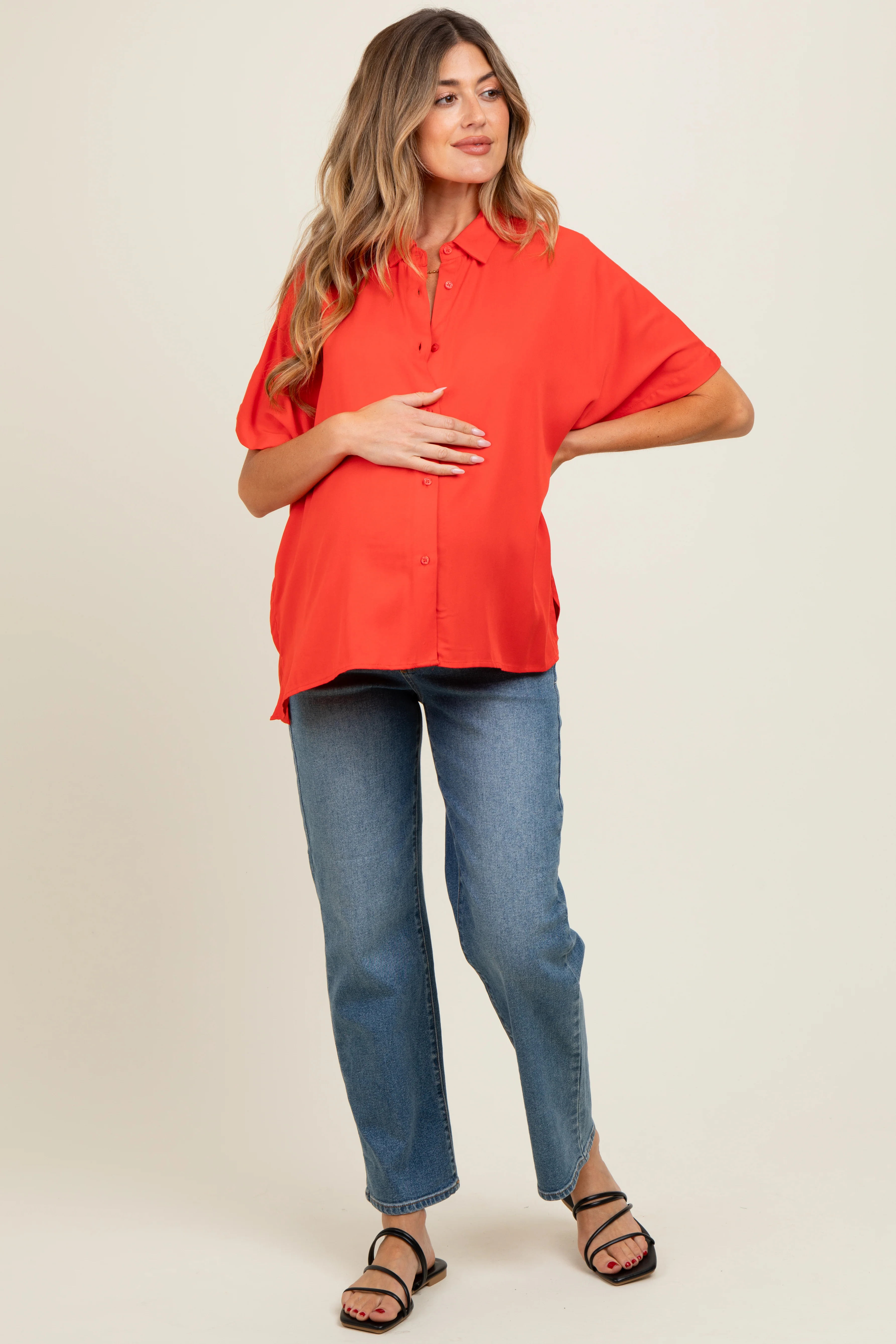 Red Dolman Sleeve Button Down Maternity Blouse - Image 2
