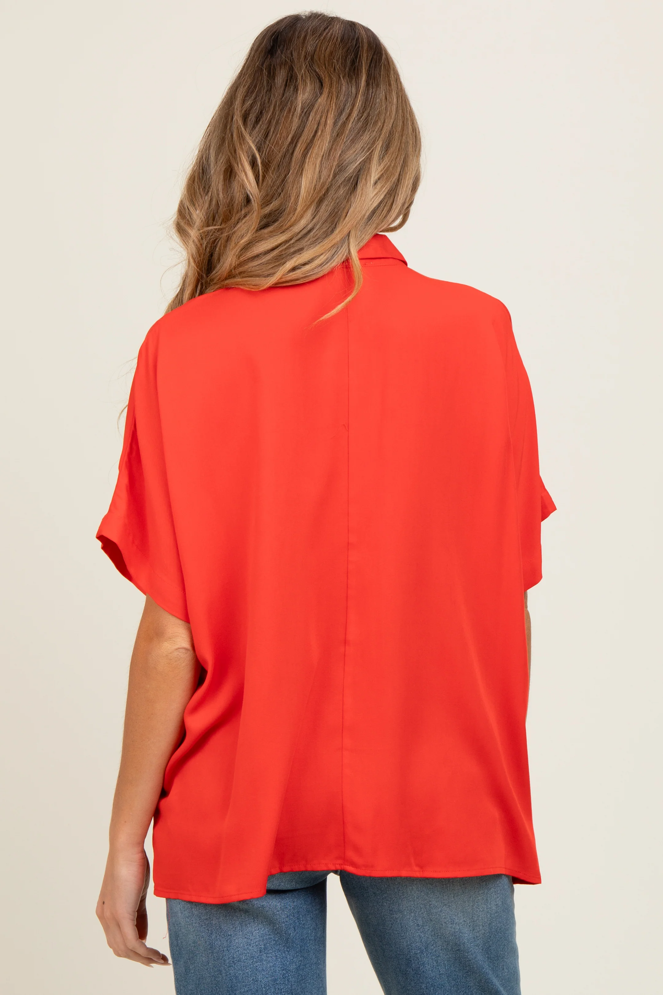 Red Dolman Sleeve Button Down Maternity Blouse - Image 3