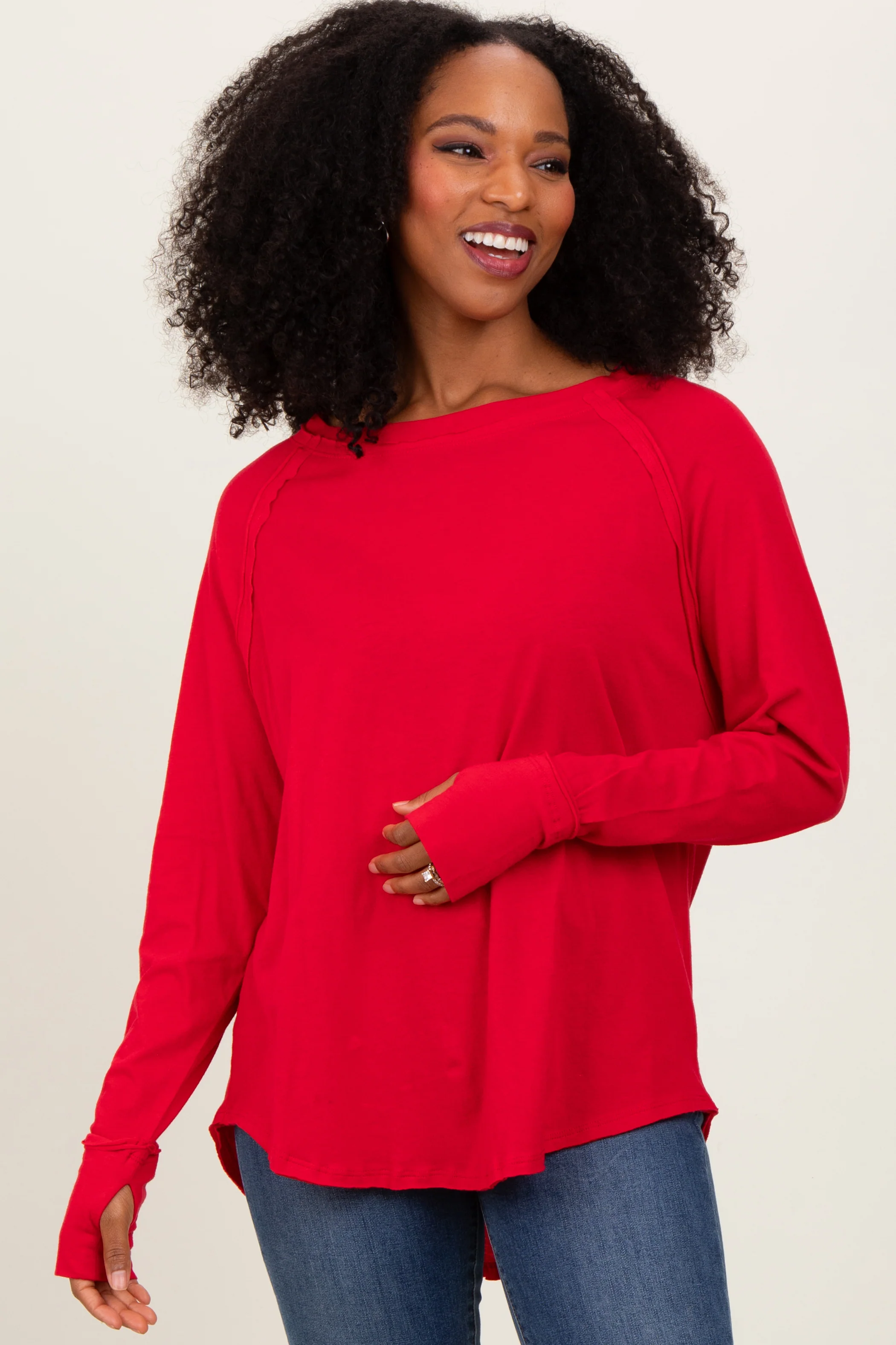 Red Exposed Seam Long Sleeve Top - Image 2