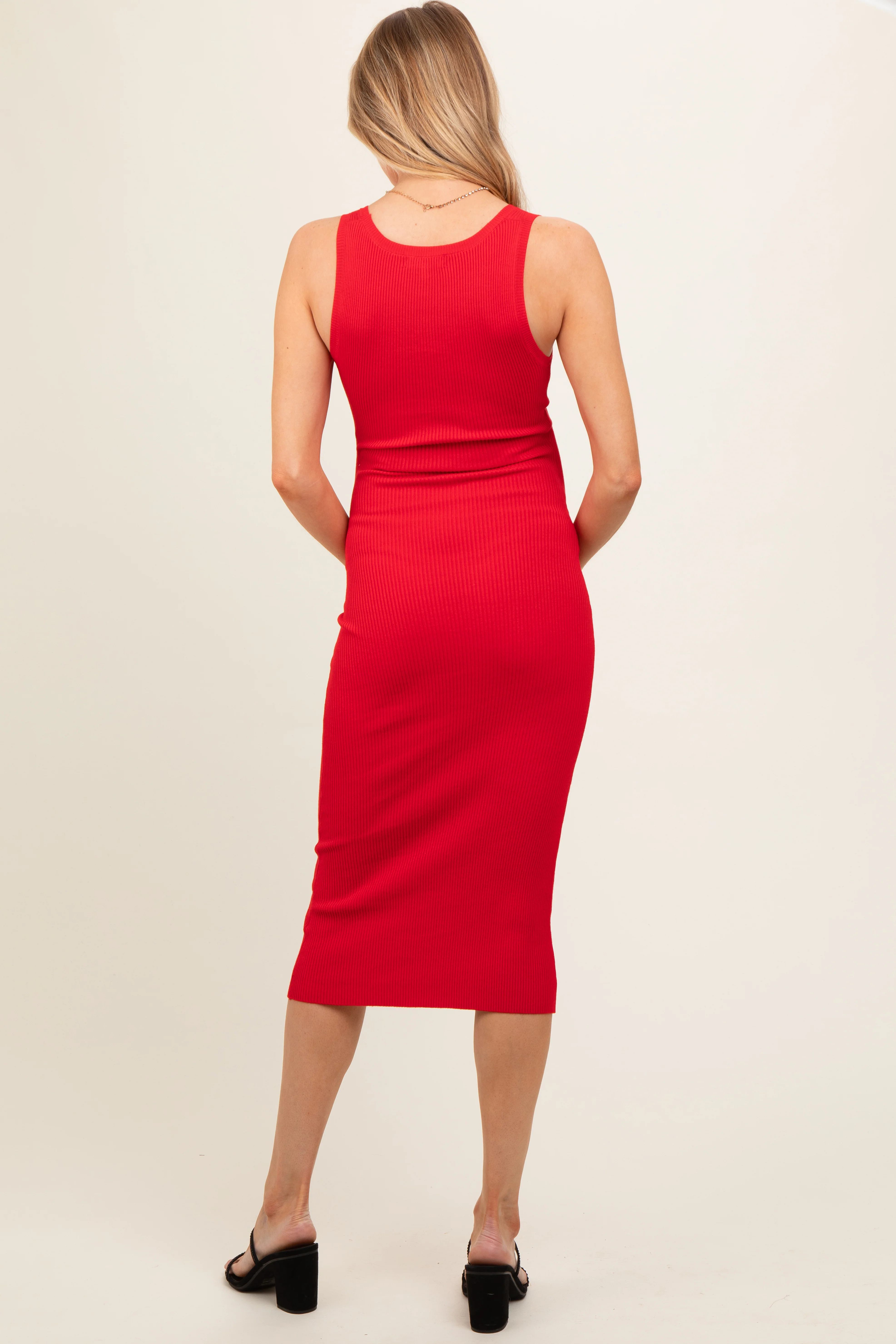 Red Fitted Knit Maternity Midi Dress - Image 4