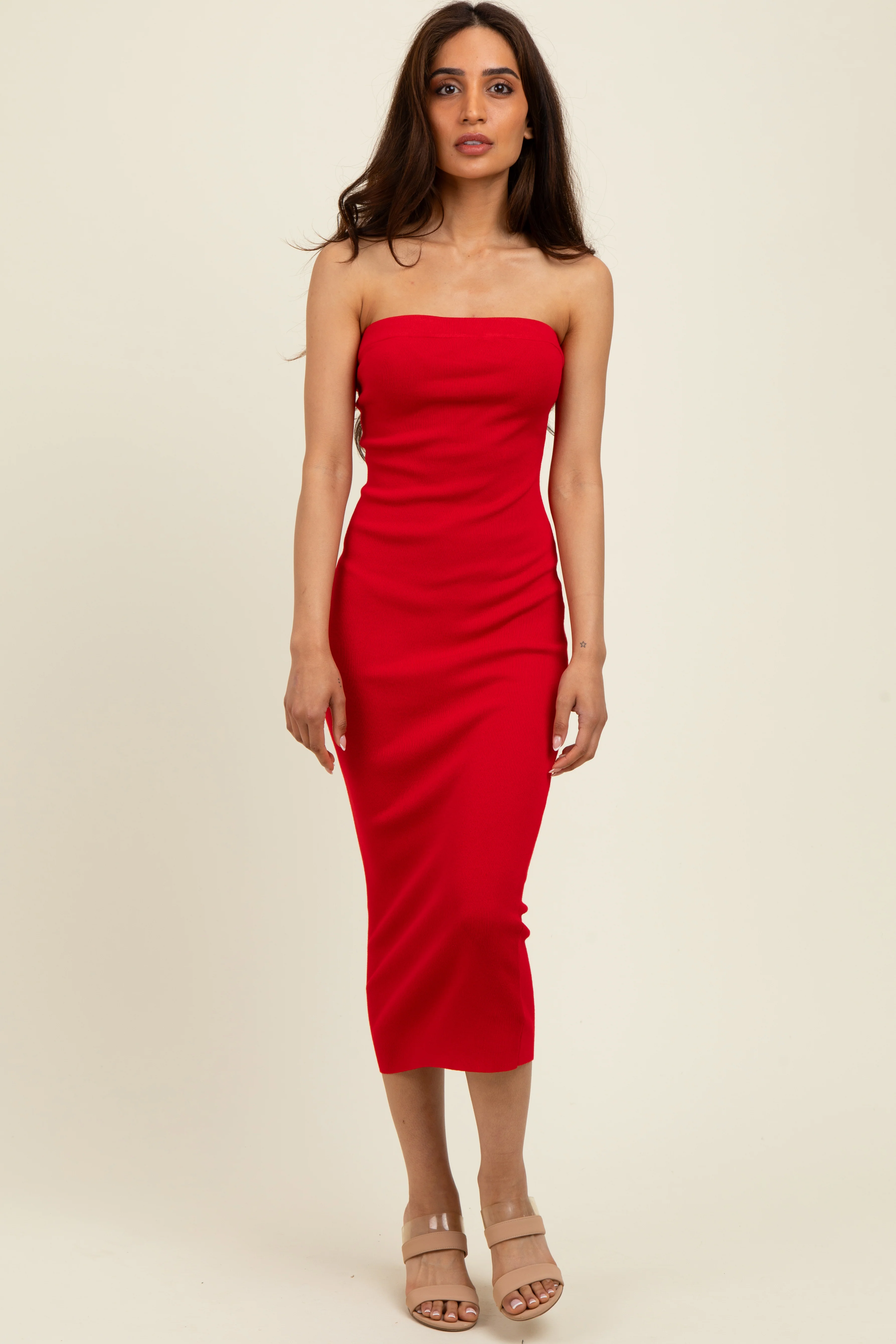 Red Fitted Tube Knit Maternity Midi Dress - Image 4