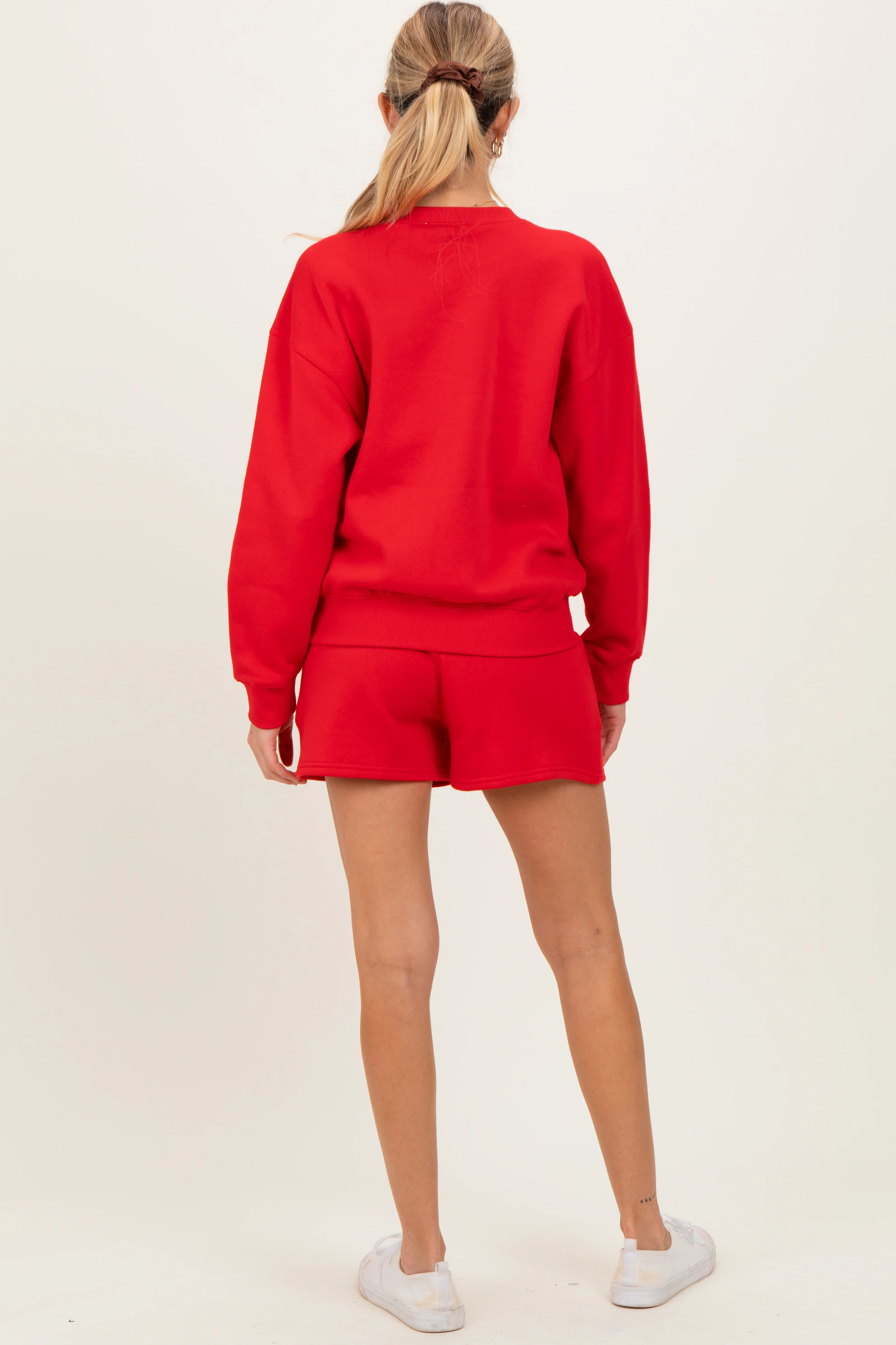 Red Fleece Sweatshirt Shorts Maternity Set - Image 4