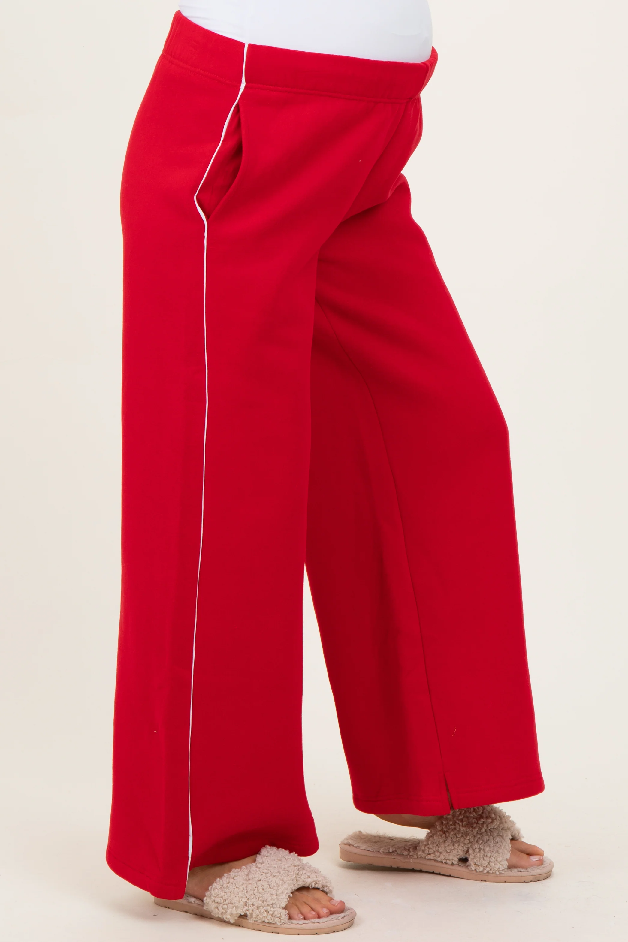 Red Fleece Wide Leg Maternity Sweatpants - Image 3