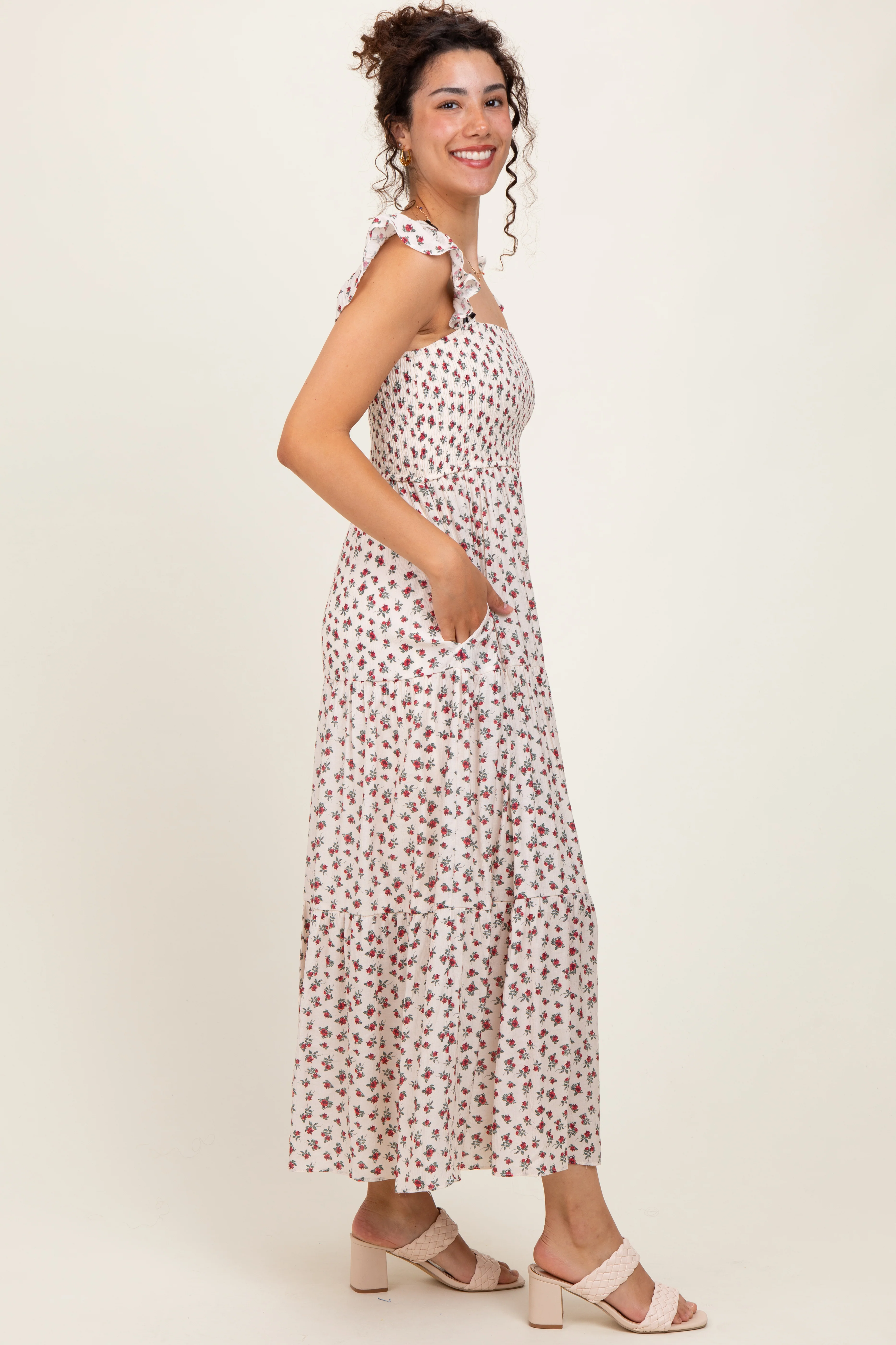 Red Floral Bow Trim Lace Detail Smocked Maxi Dress - Image 3