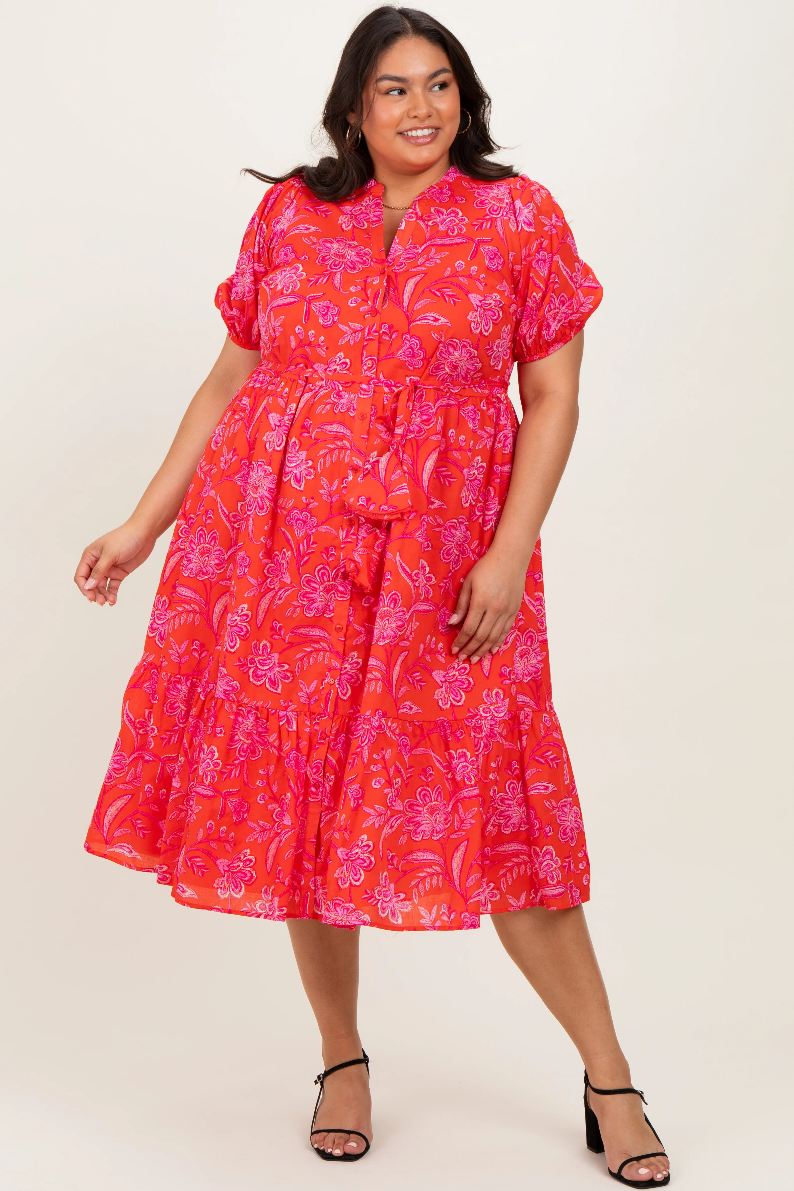 Red Floral Button Down Maternity Plus Midi Shirt Dress - Image 4