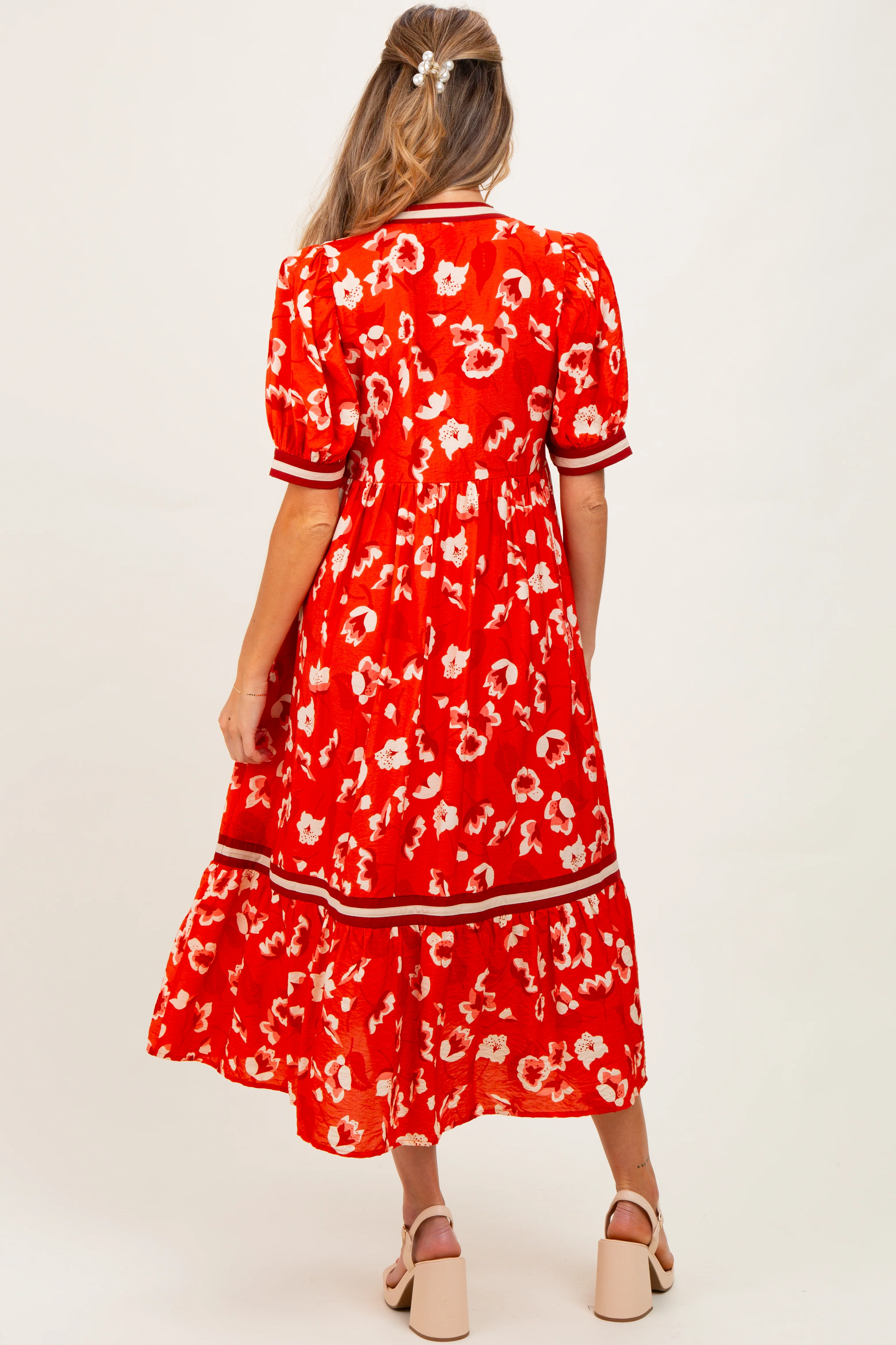 Red Floral Contrast Trim Maternity Midi Dress - Image 3