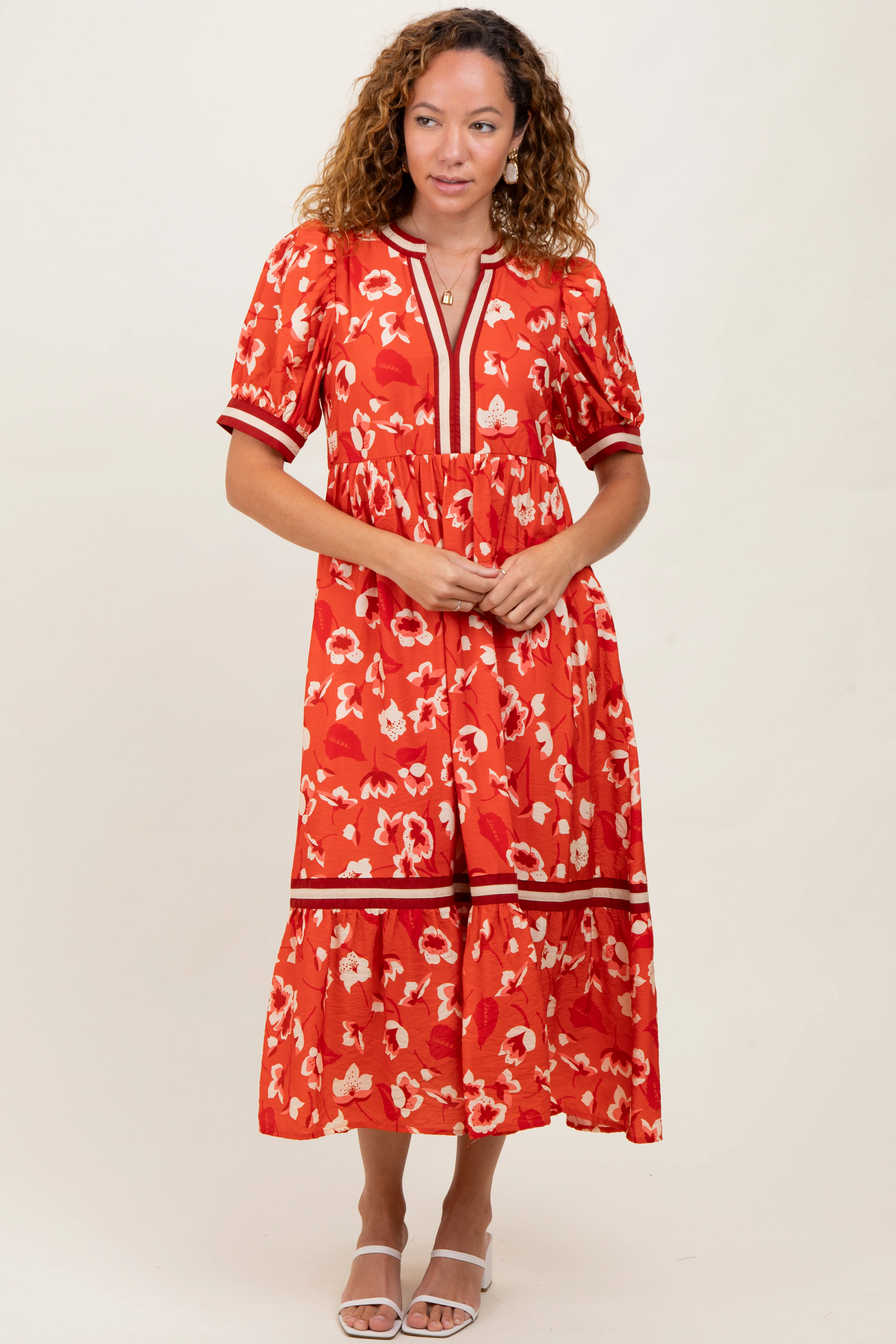Red Floral Contrast Trim Maternity Midi Dress - Image 4