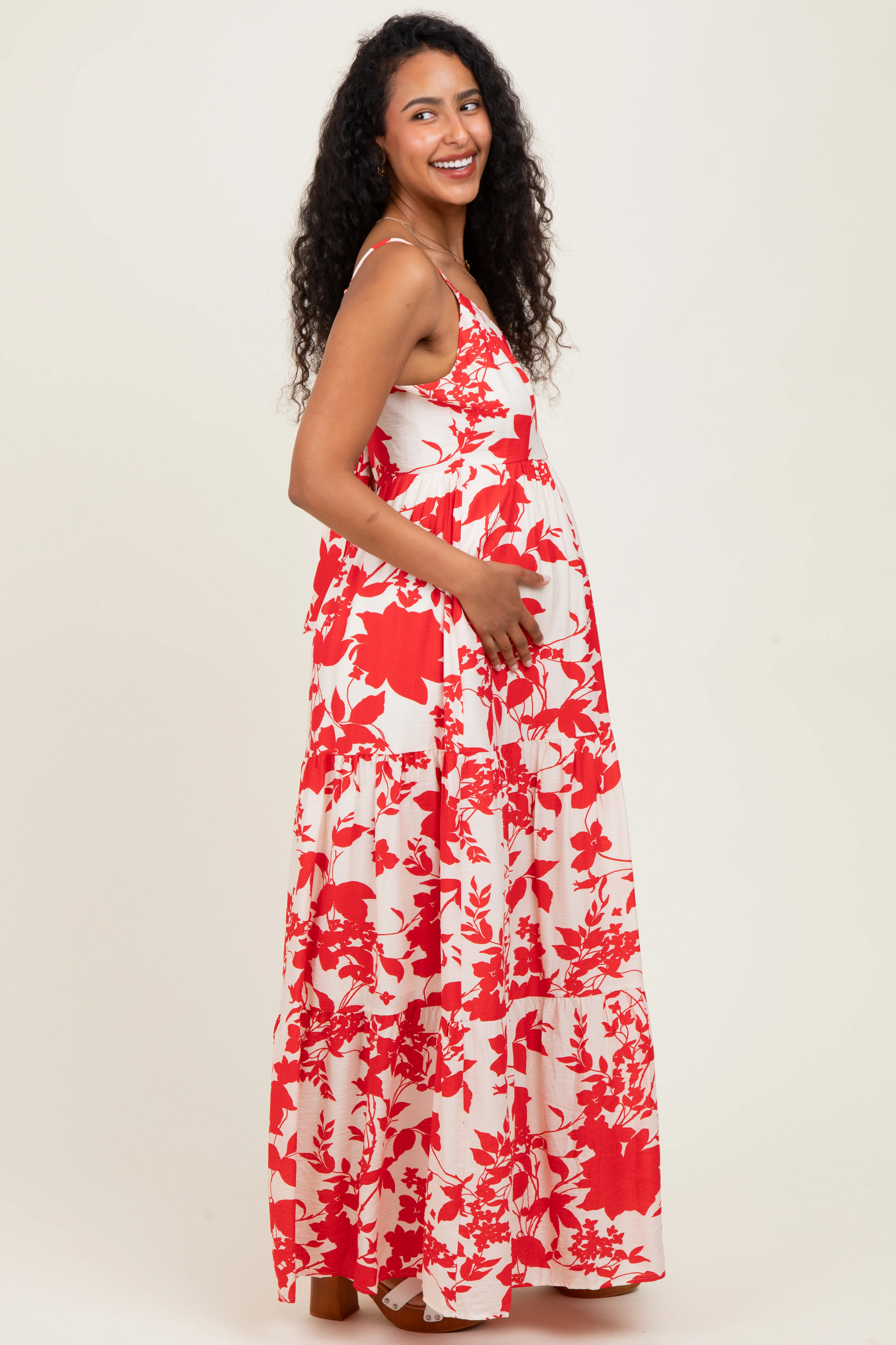 Red Floral Cutout Tie Back Maternity Maxi Dress - Image 3
