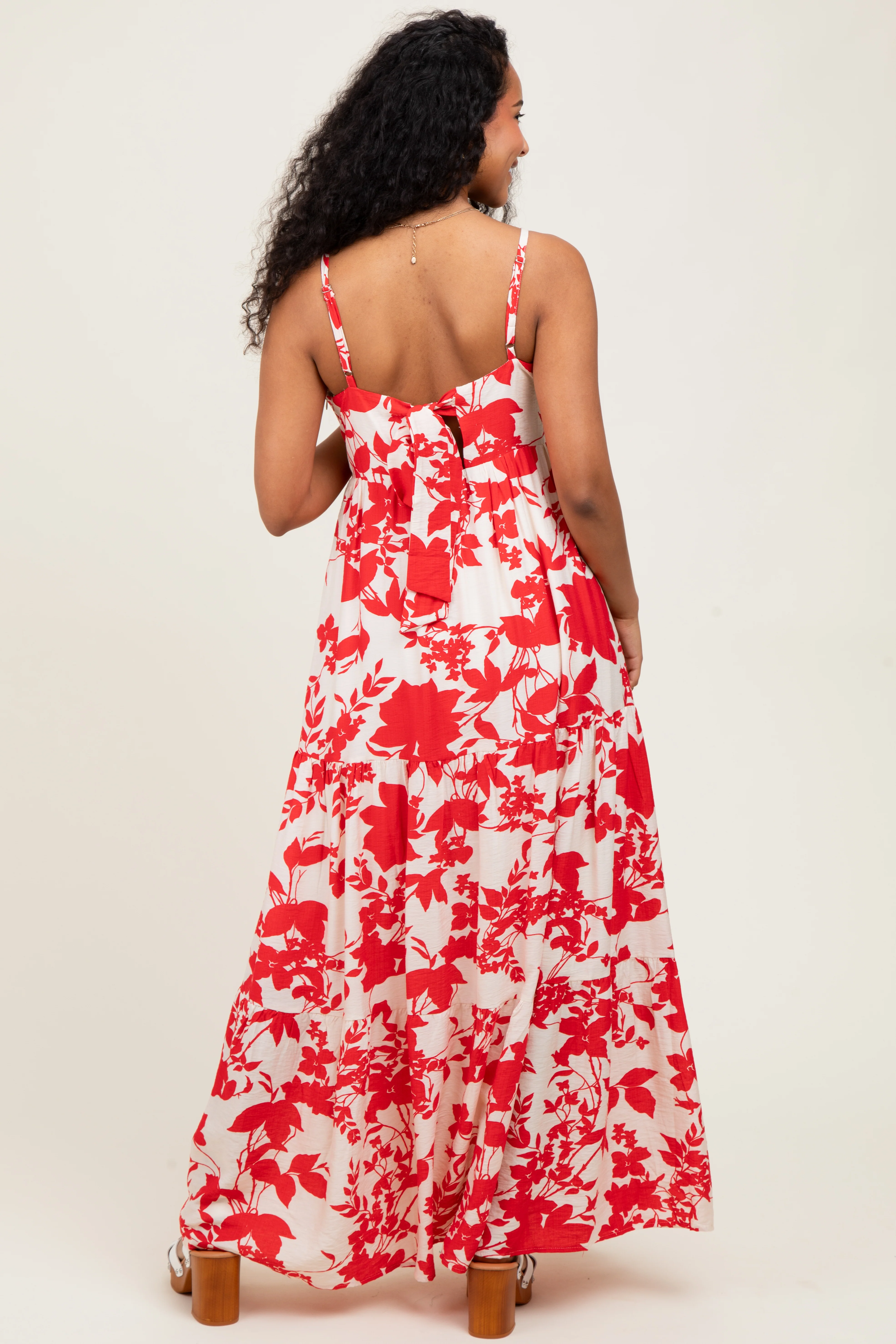 Red Floral Cutout Tie Back Maternity Maxi Dress - Image 4