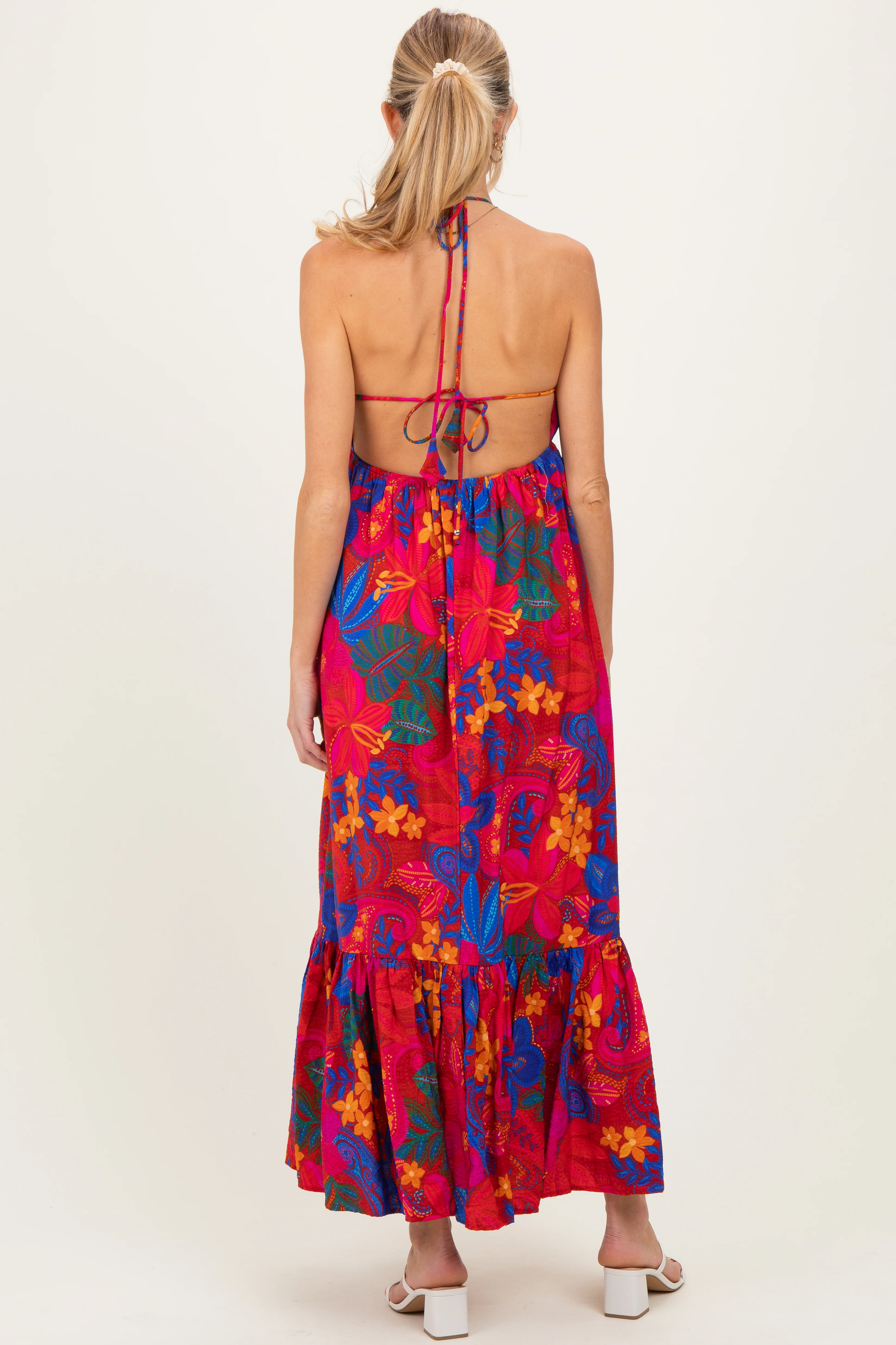 Red Floral Halter V-Neck Maternity Maxi Dress - Image 4