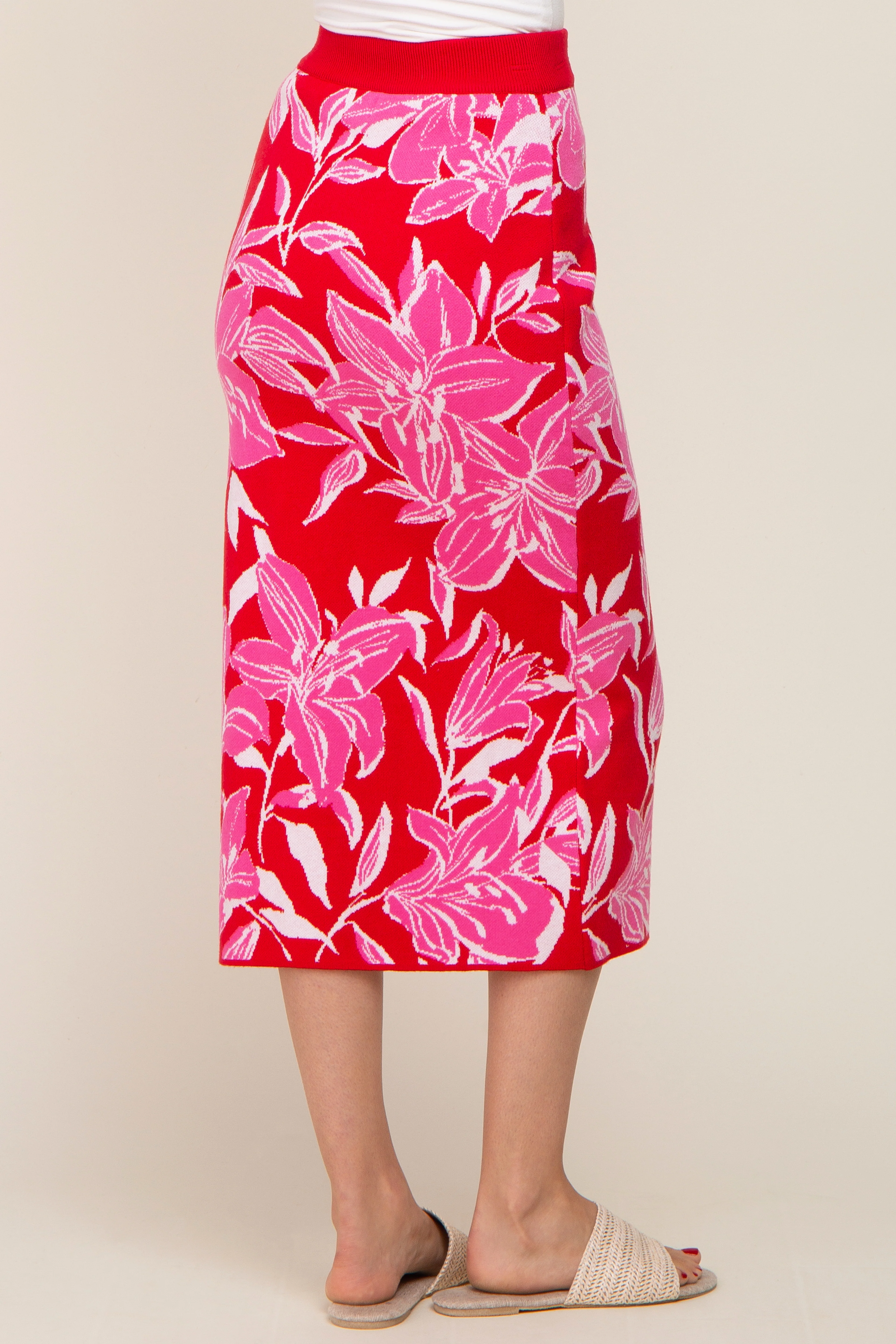 Red Floral Knit Midi Skirt - Image 4