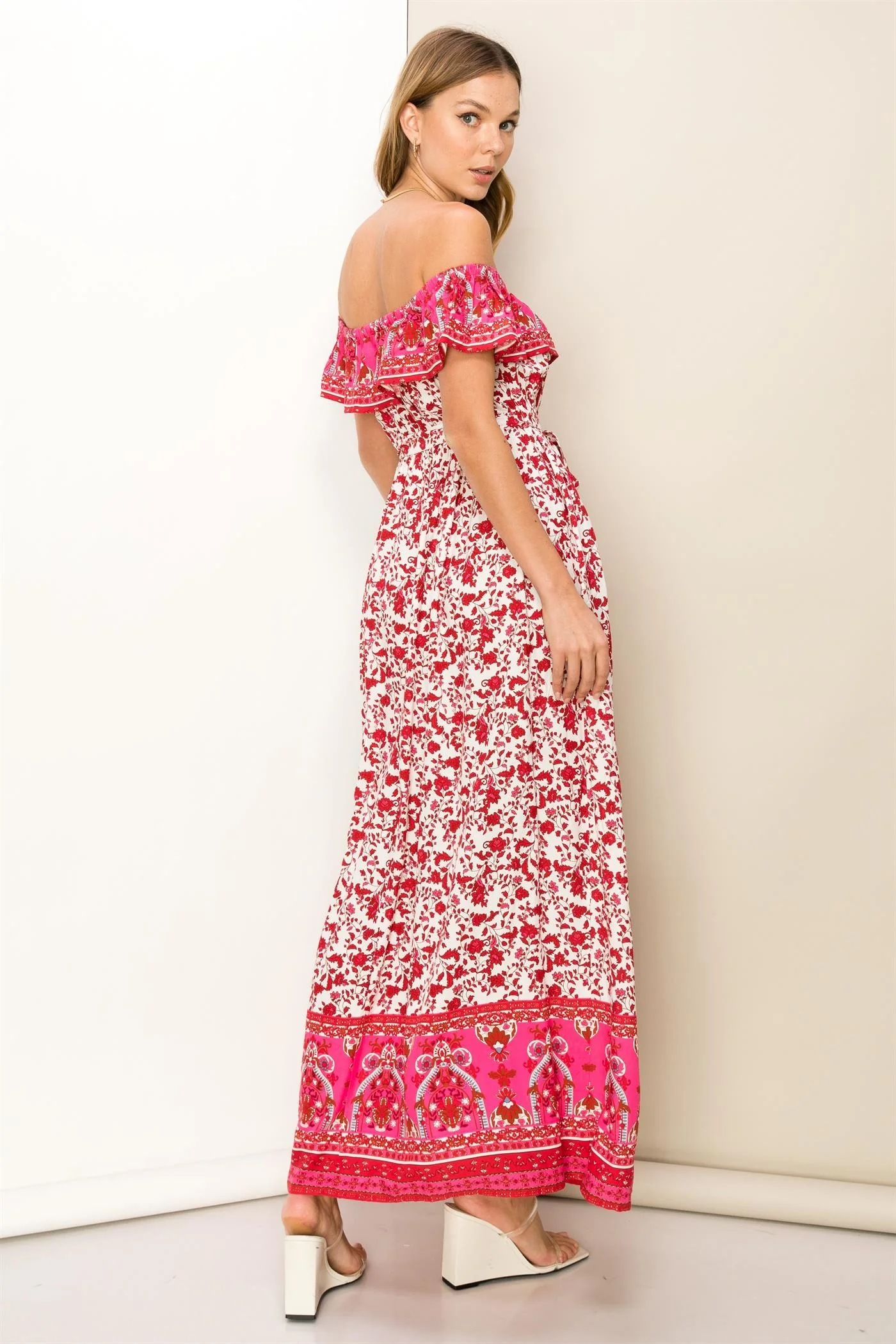 Red Floral Paisley Ruffle Off Shoulder Maxi Dress - Image 5