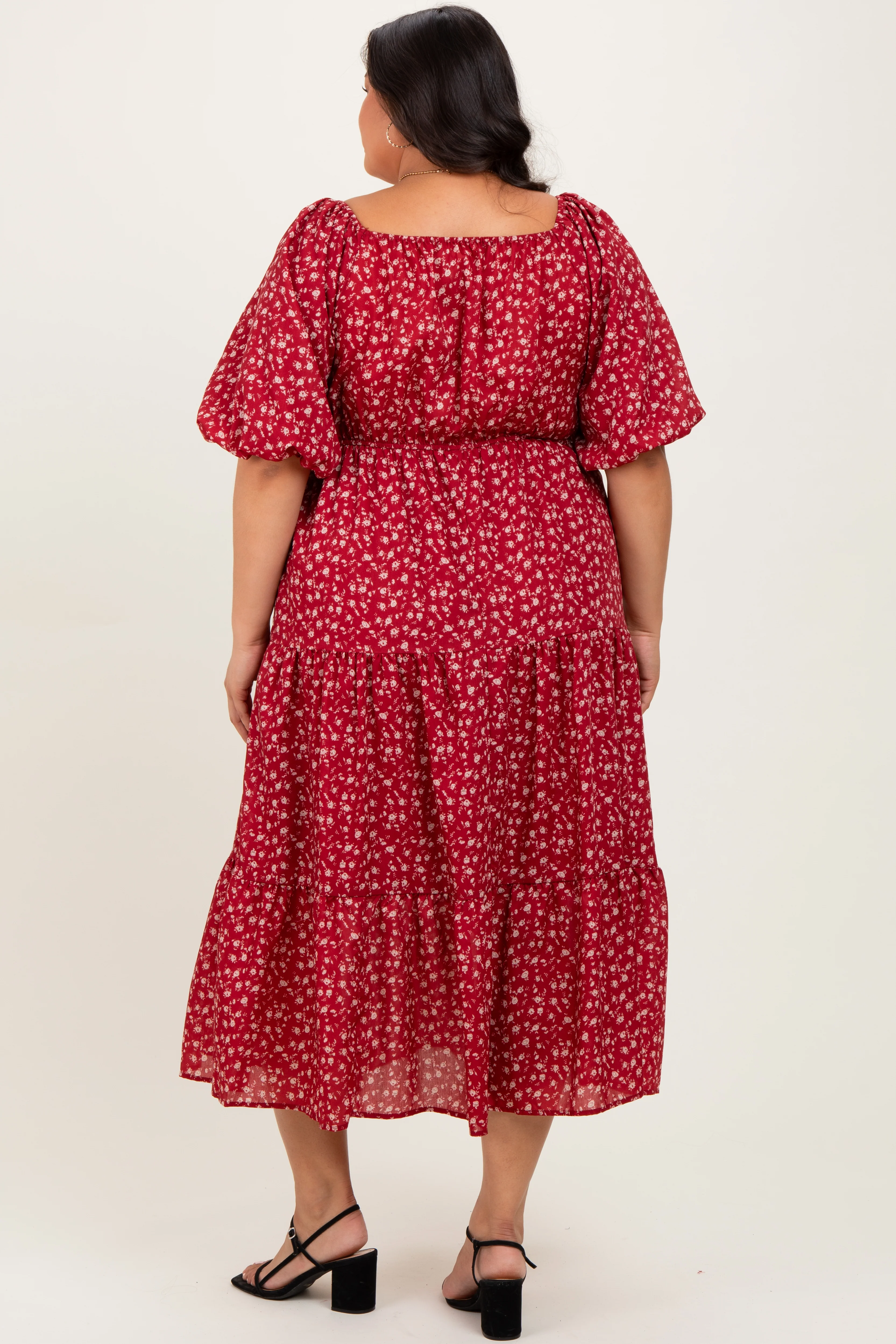 Red Floral Puff Sleeve Tiered Plus Maxi Dress - Image 3