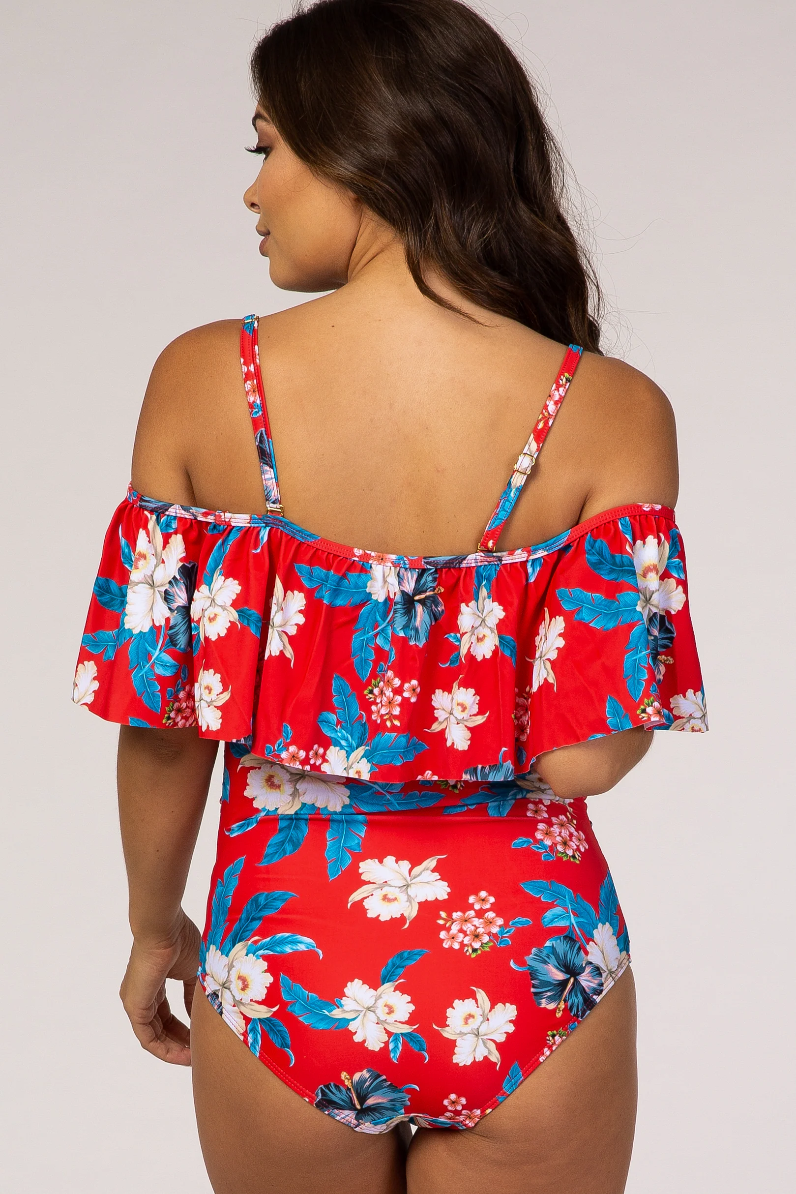 Red Floral Ruffle Trim Ruched One-Piece Maternity Swimsuit - Image 4