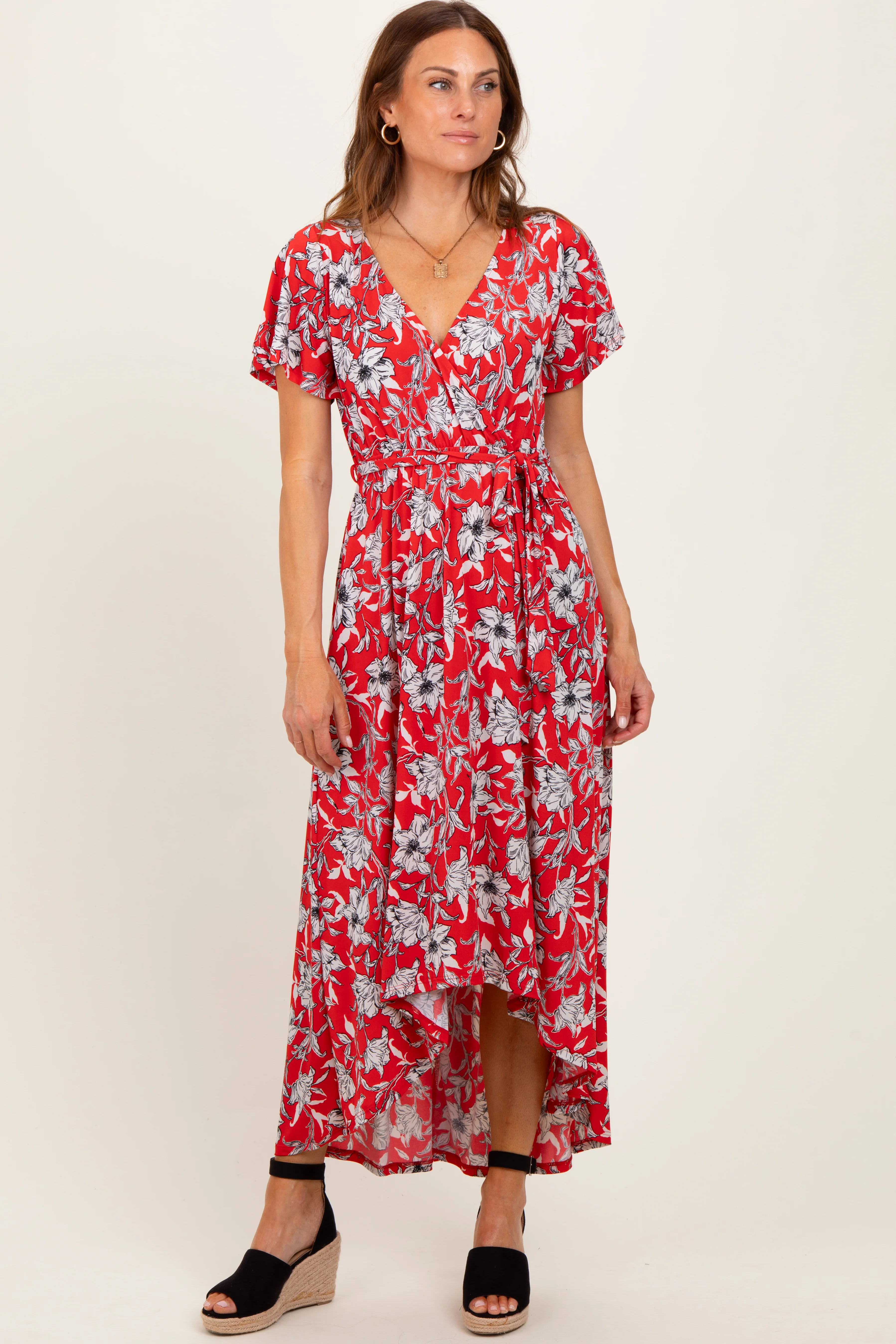 Red Floral Sash Tie Maternity Wrap Hi-Low Dress - Image 5