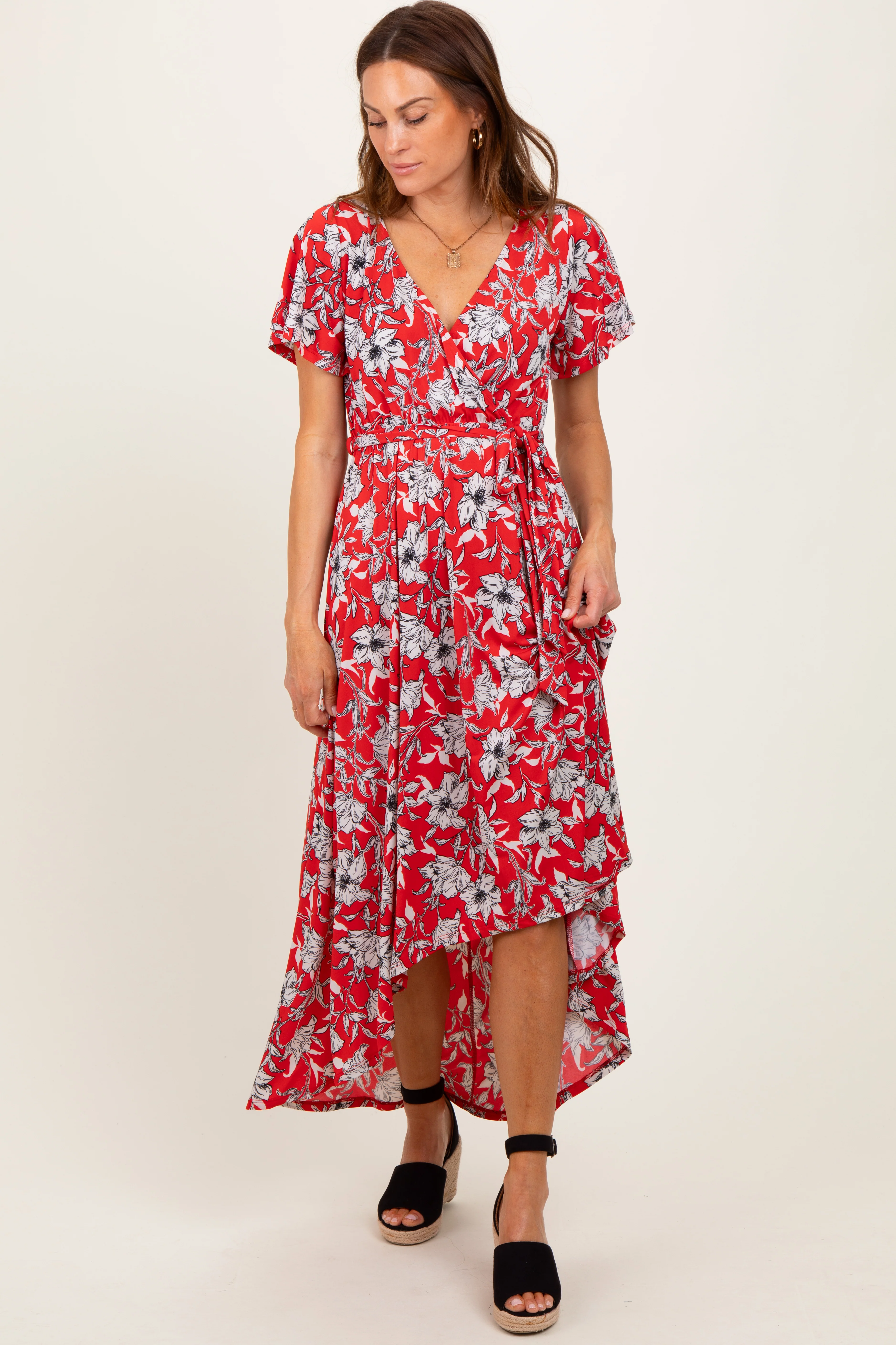 Red Floral Sash Tie Wrap Hi-Low Dress - Image 2